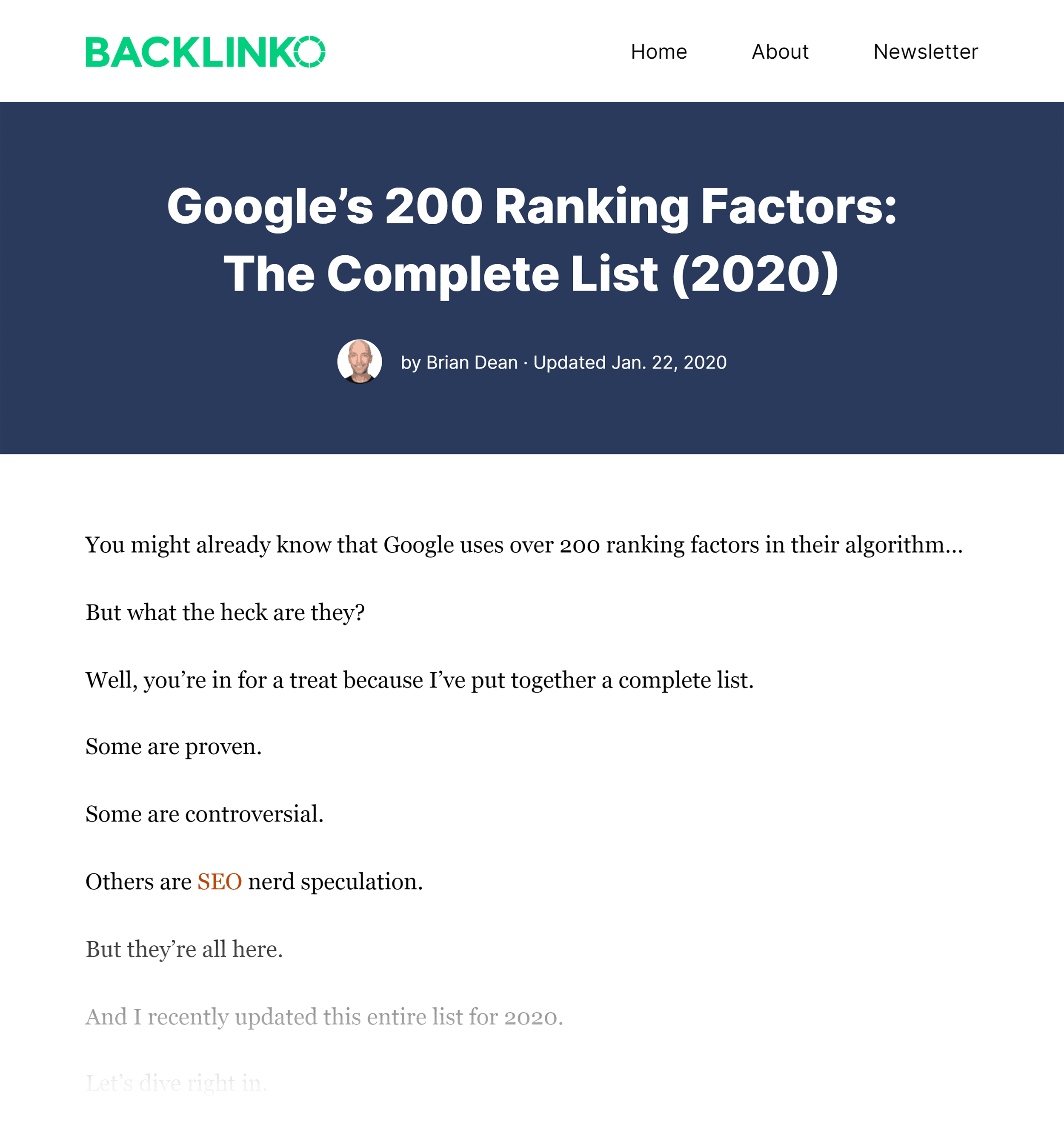 Backlinko – Google Ranking Factors Post