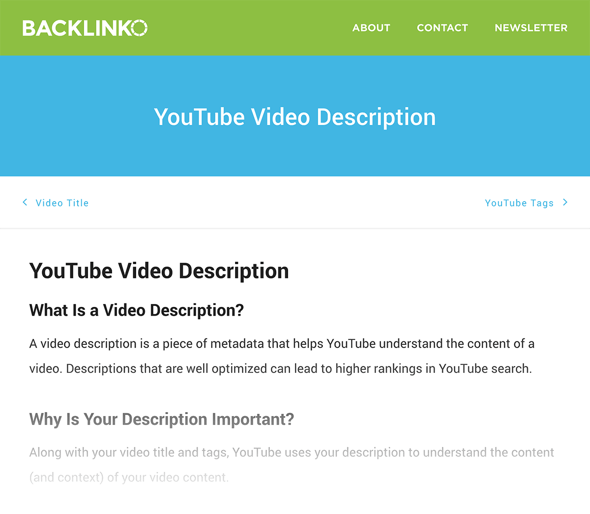 Backlinko – YouTube Video Description post, optimized for Definition Featured Snippet