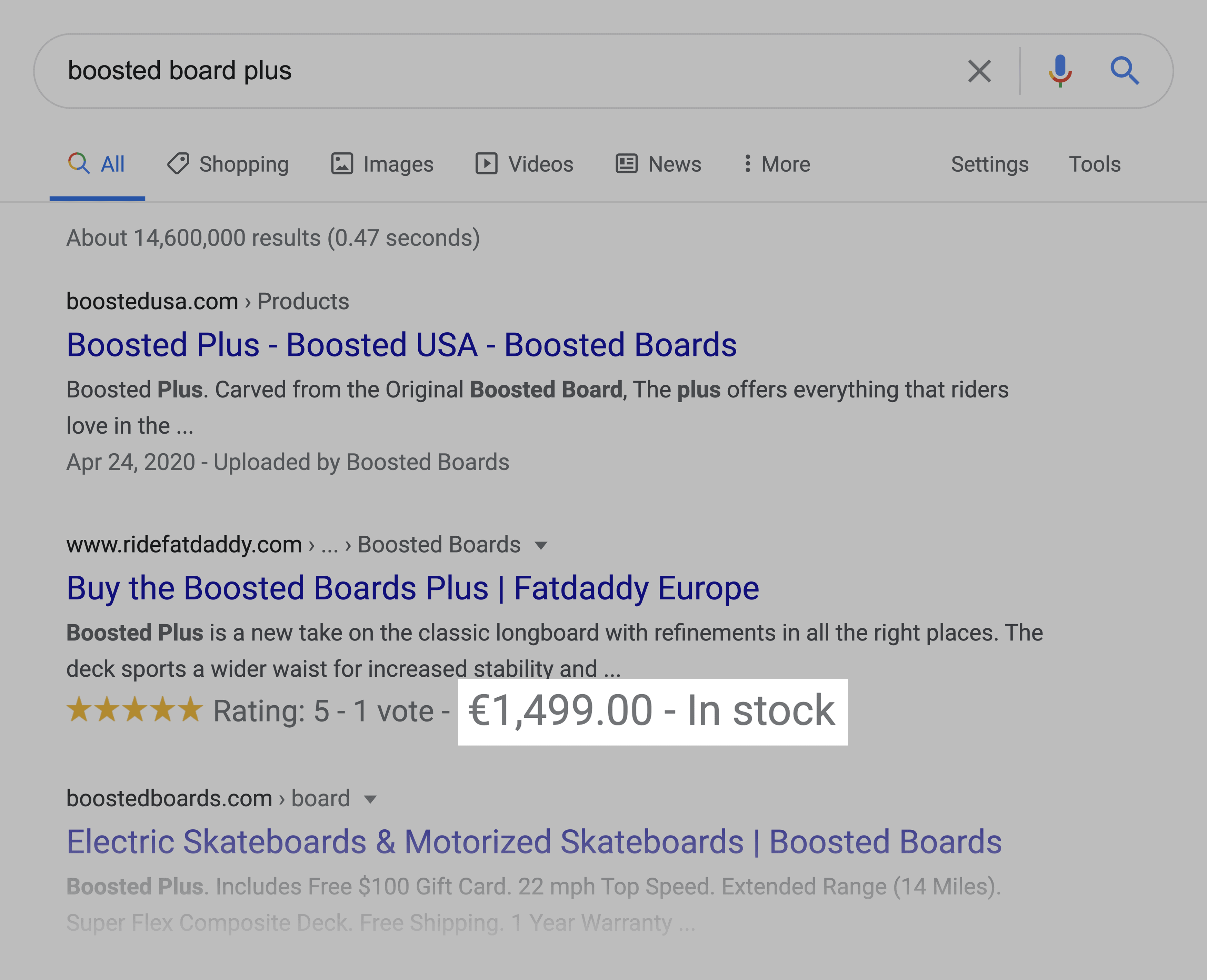 Boosted Board SERPs Price Snippet
