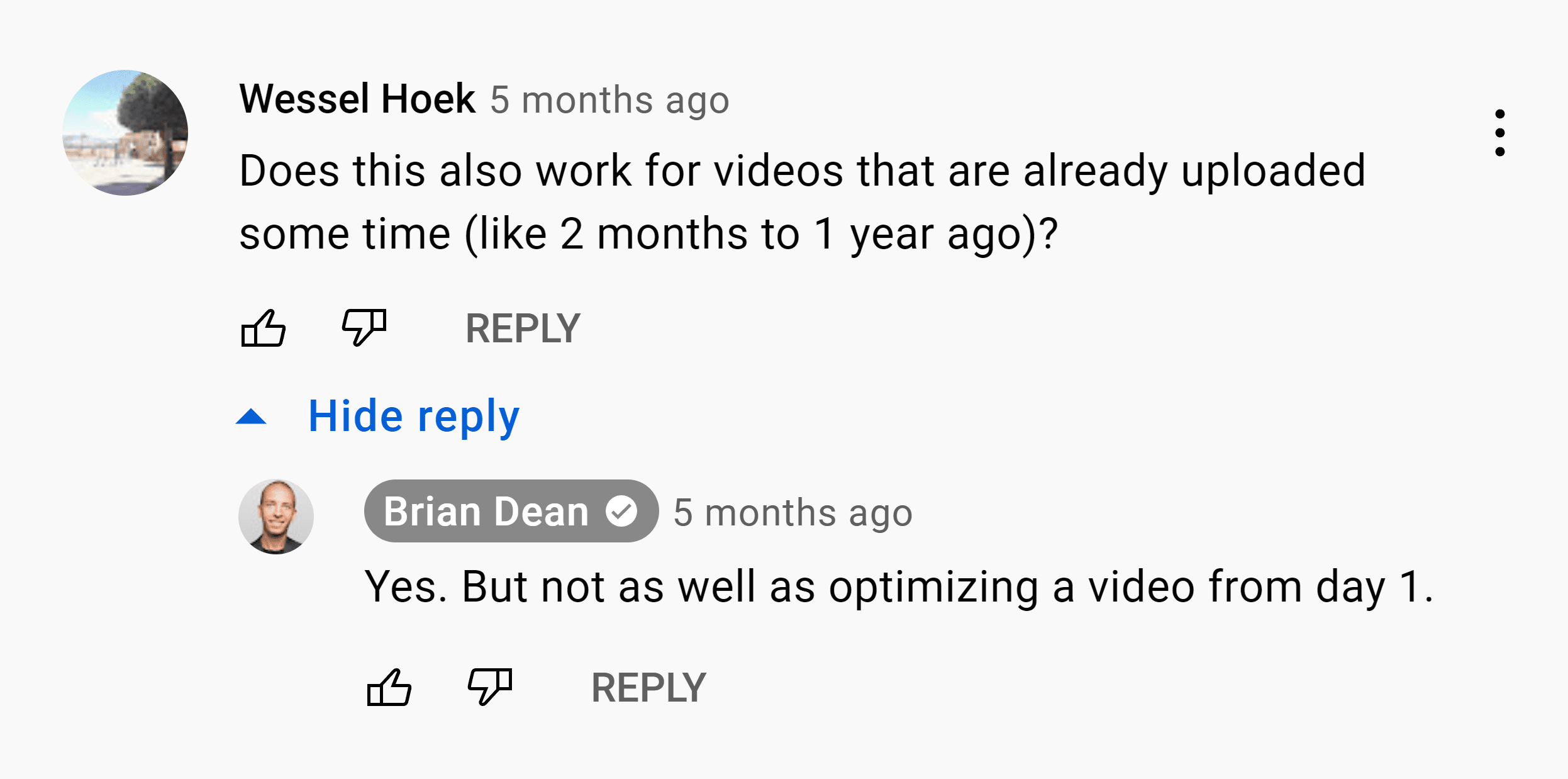 Brian reply to YouTube comment