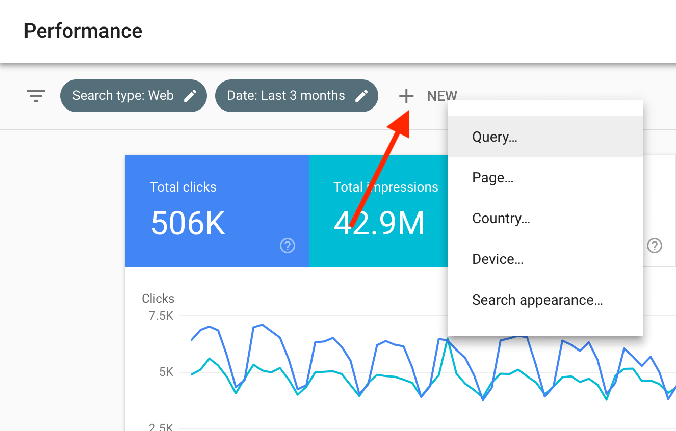 Click "New" on Google Search Console&#039;s Performance Report