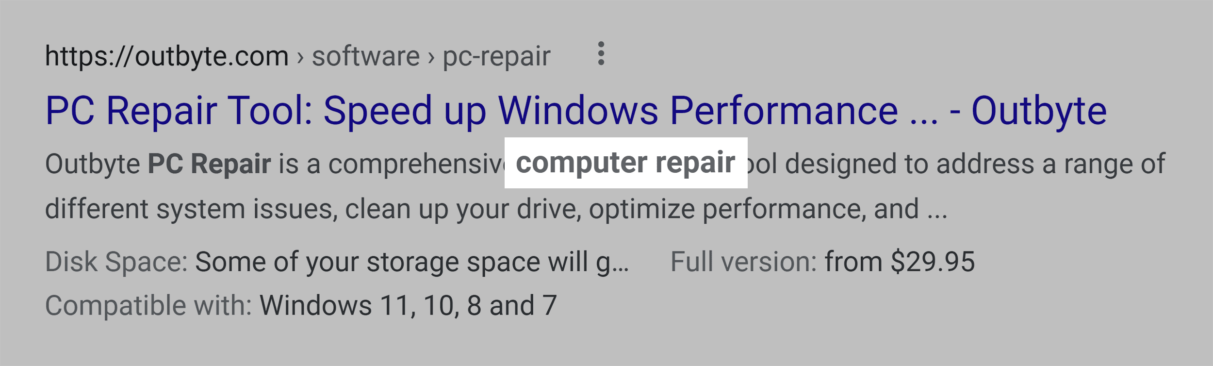 Computer repair bolded in SERP