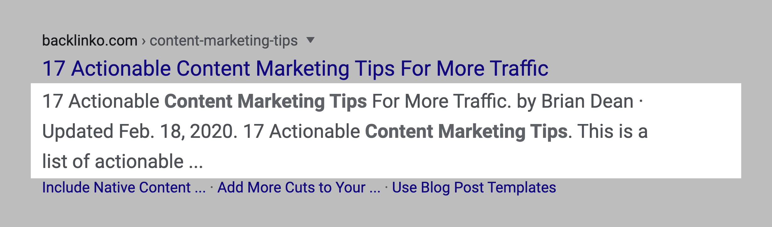 Content marketing tips post – Meta tags in SERPs