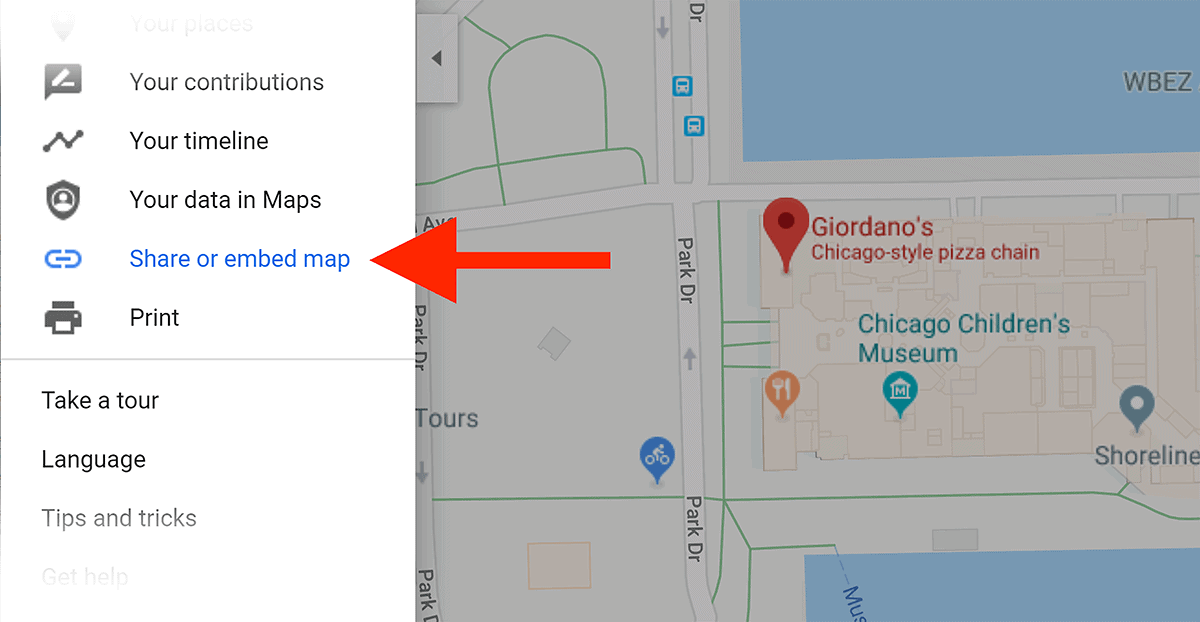 Giordanos pizza "Share map" feature