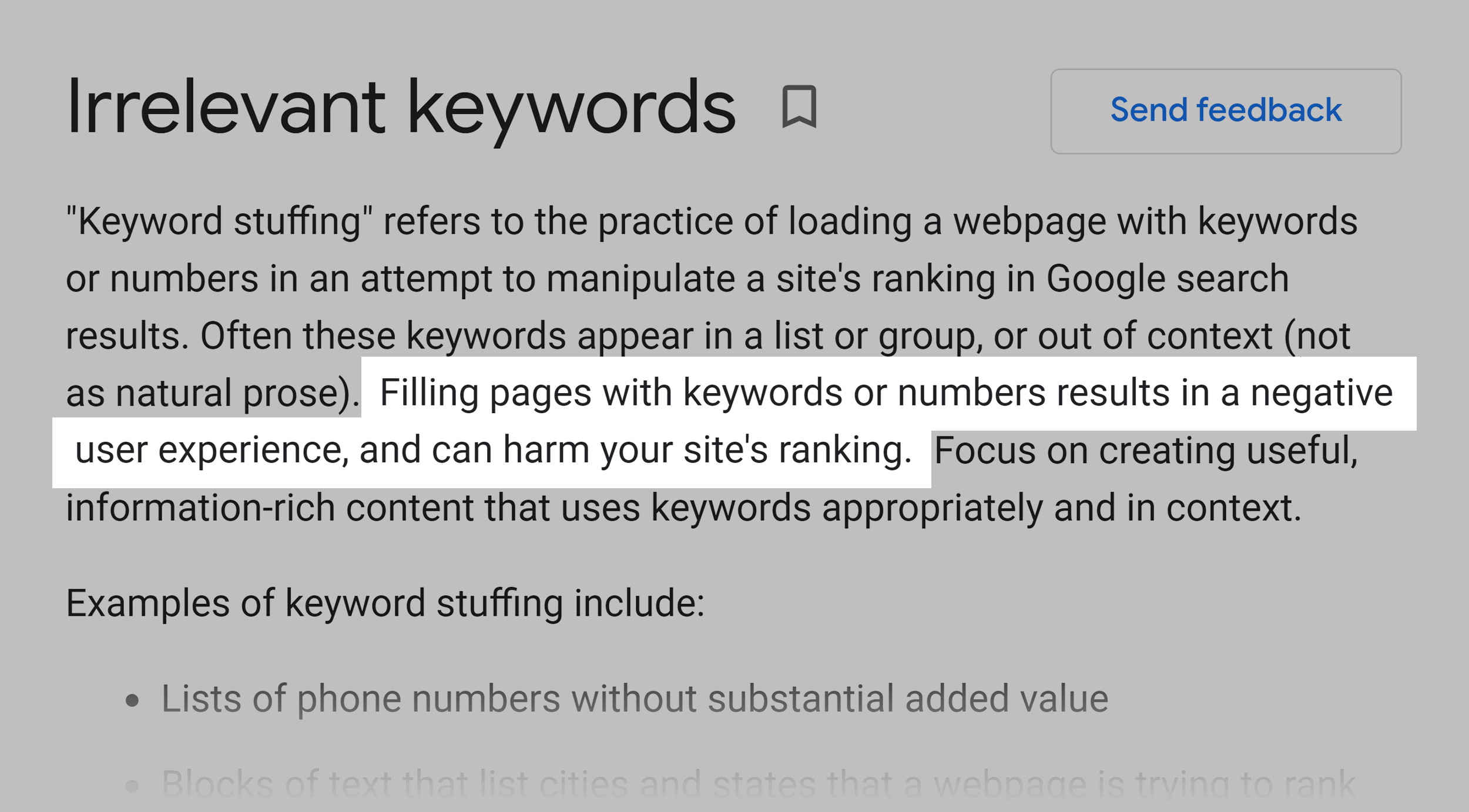 Google guidelines – Irrelevant keywords