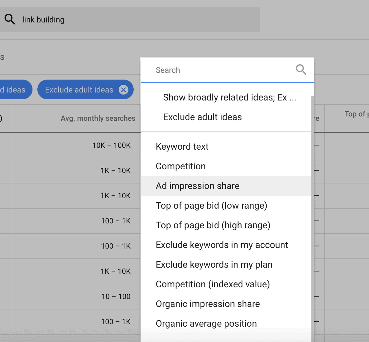 Google Keyword Planner – Results filter