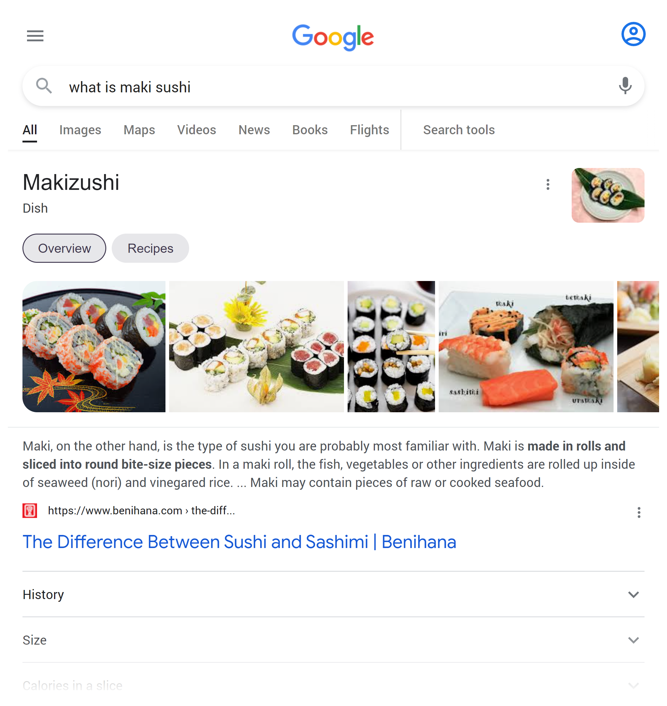 Google mobile SERP – Maki sushi