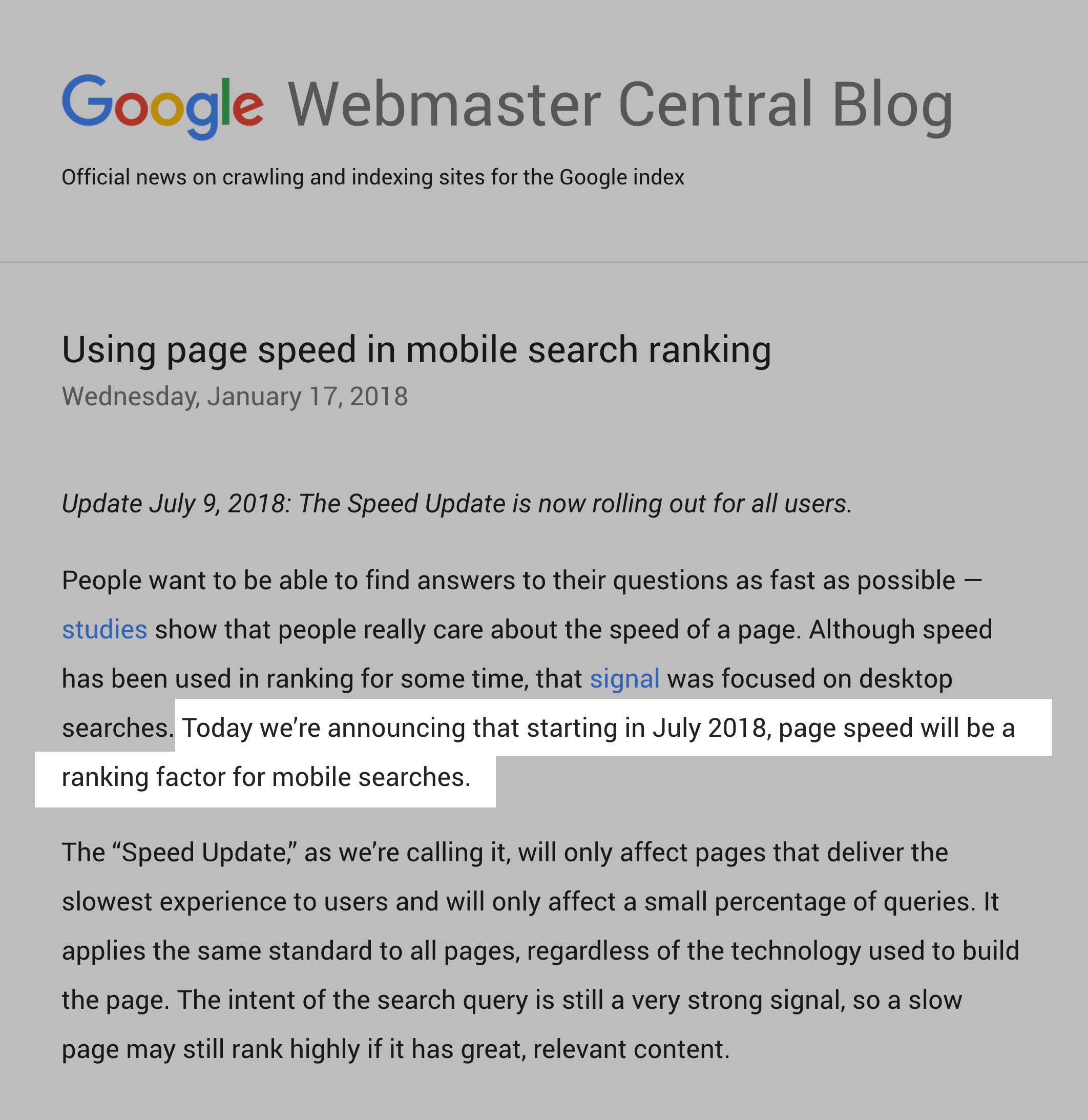 Google Page Speed ranking