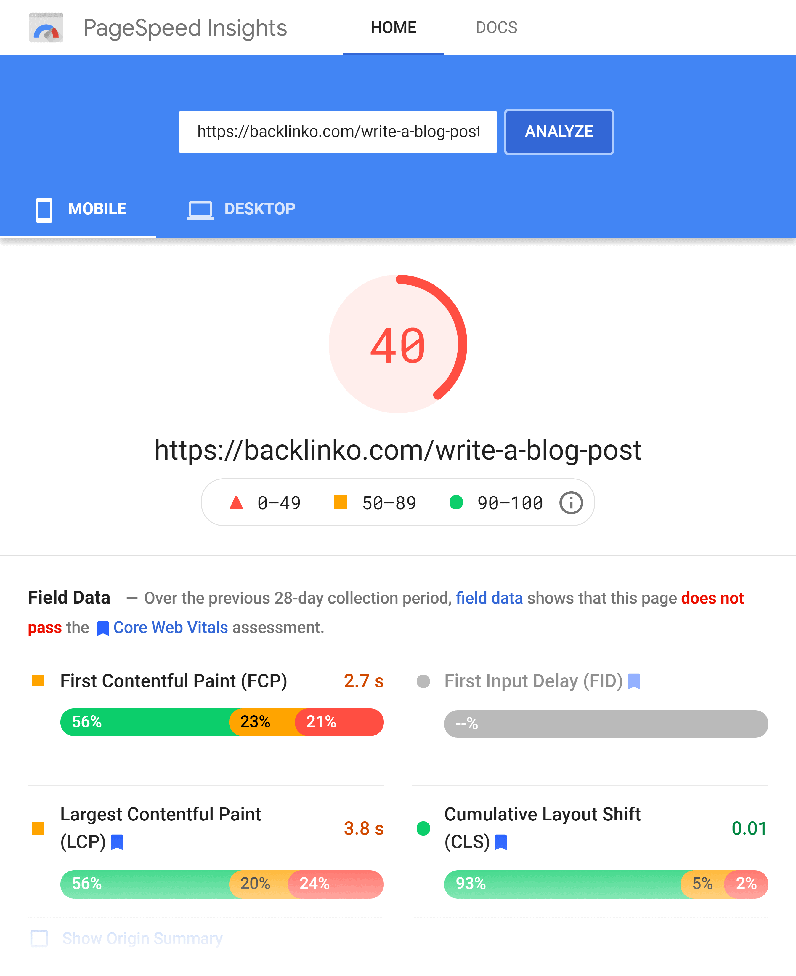 Google PageSpeed Insights – Backlinko – Results
