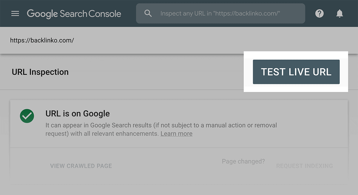 Google Search Console – Test live URL