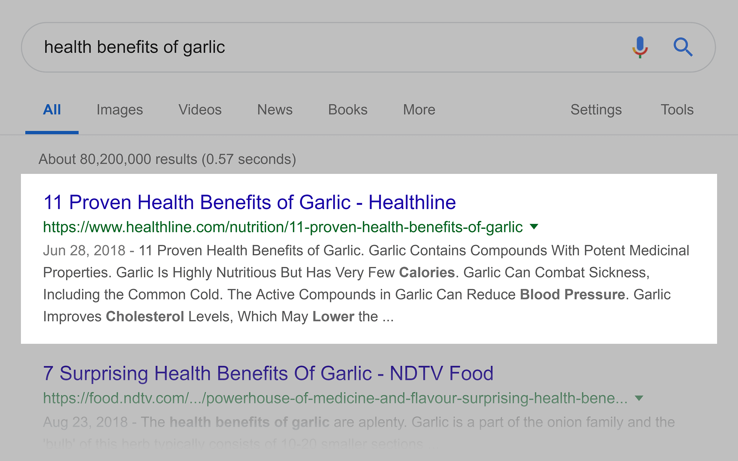 Google search – "health benefits of garlic"