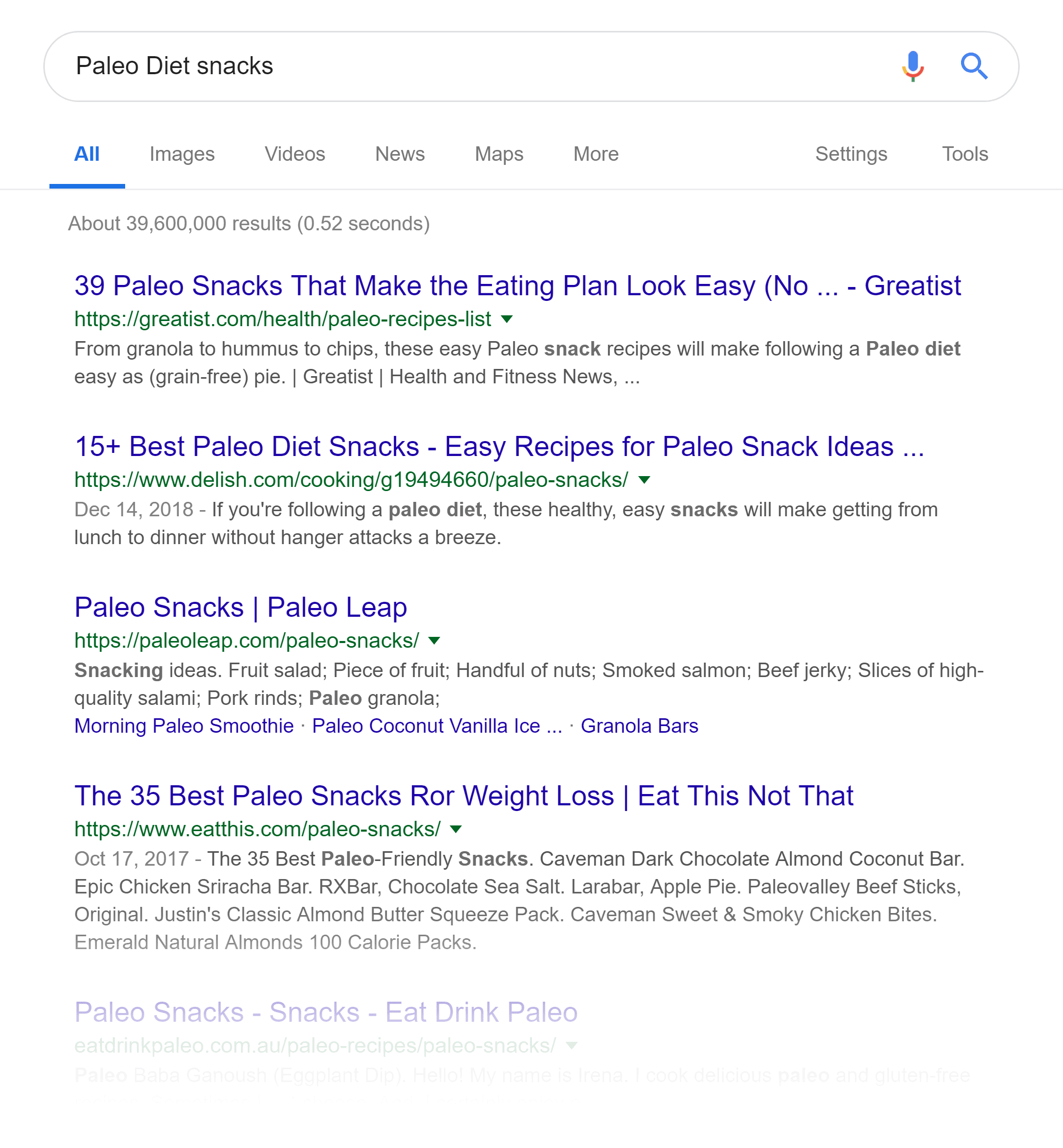 Google search for "Paleo Diet snacks"