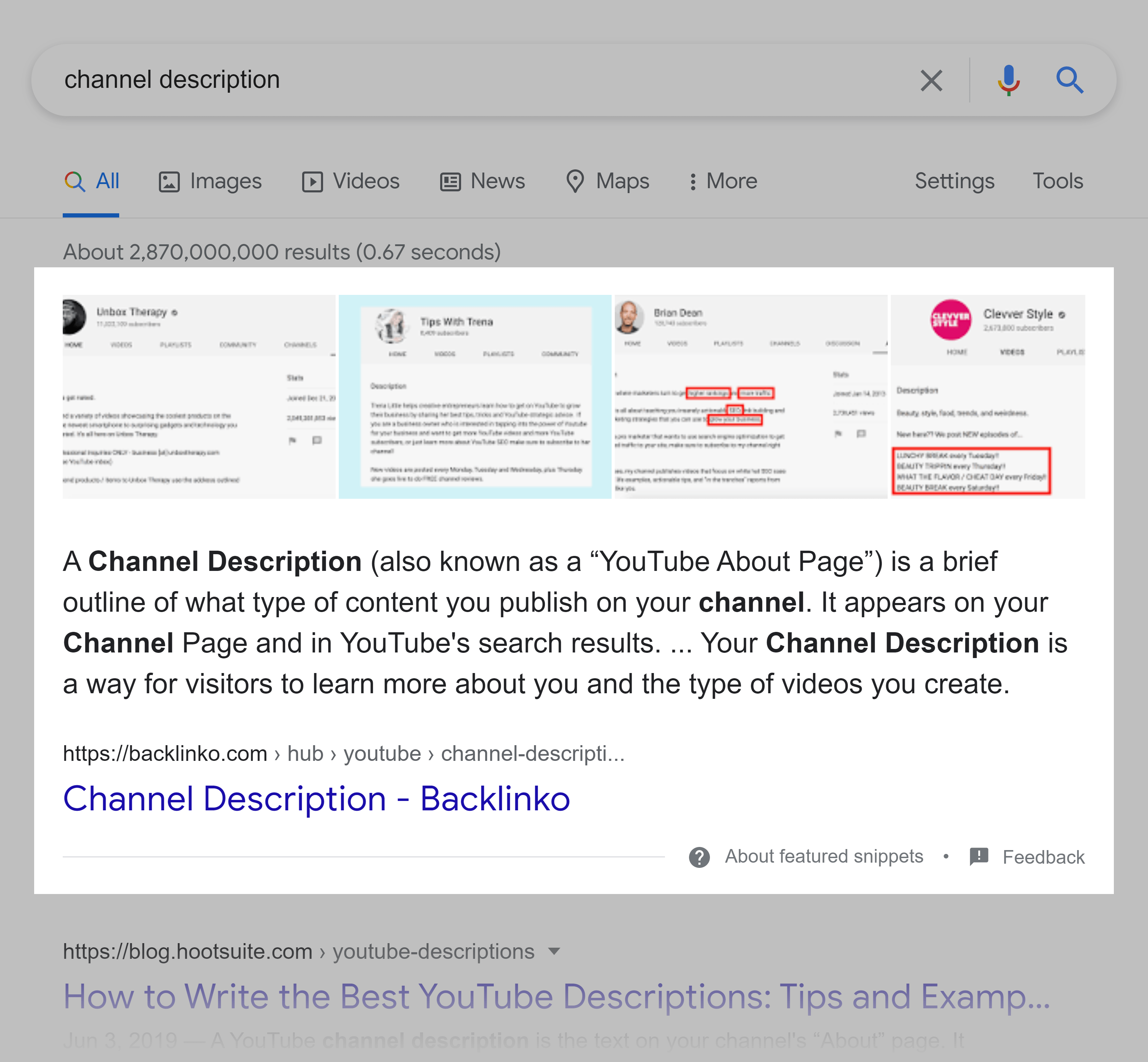 Google SERP – Channel description – Featured snippet