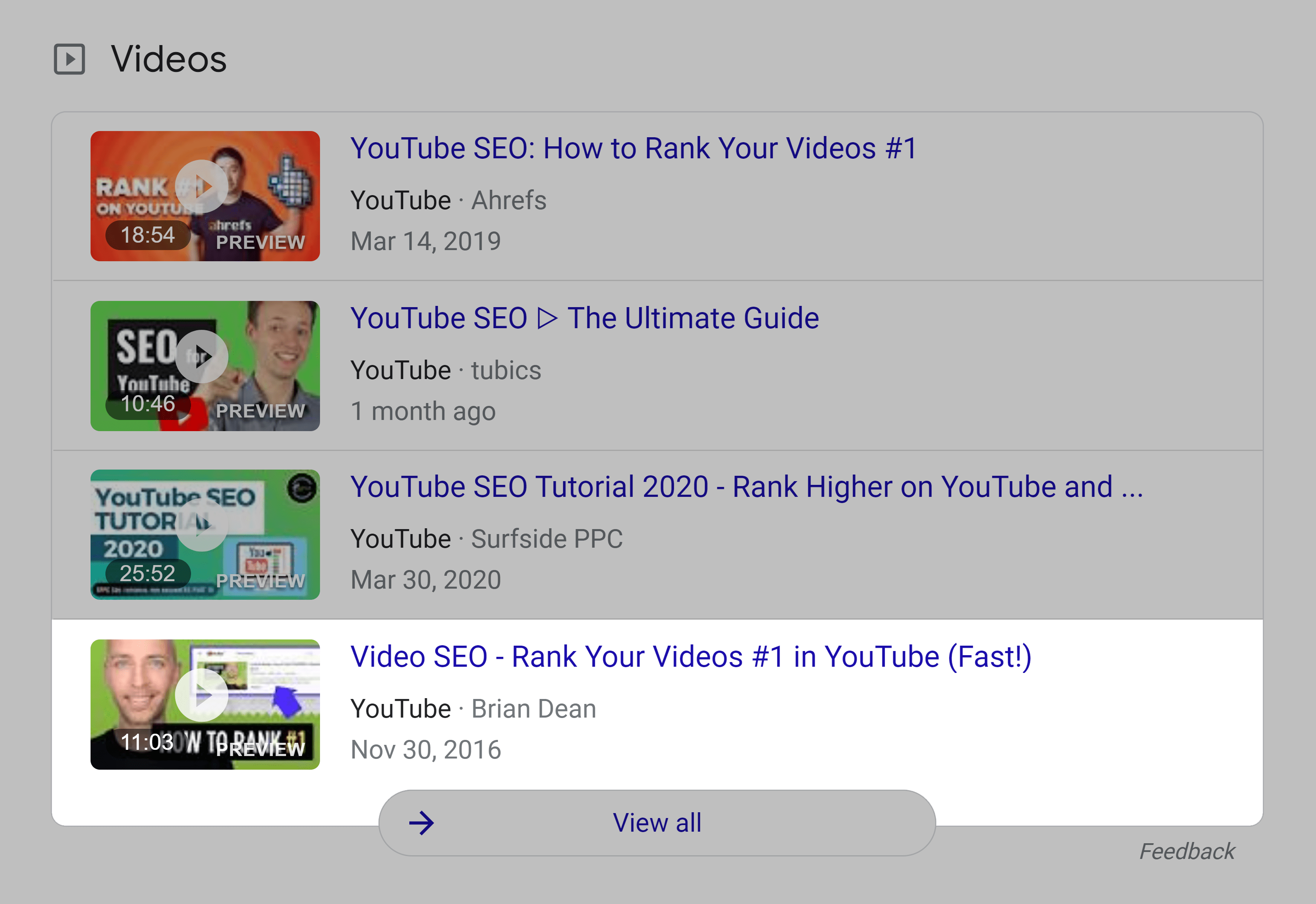 Google SERP – YouTube SEO – Video results