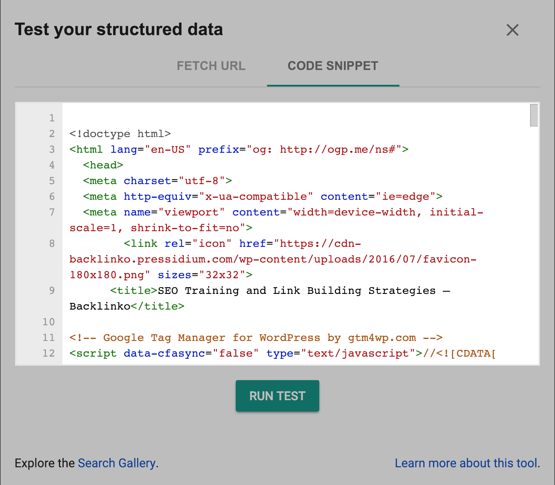 Google Structured Data Testing Tool – Code snippet