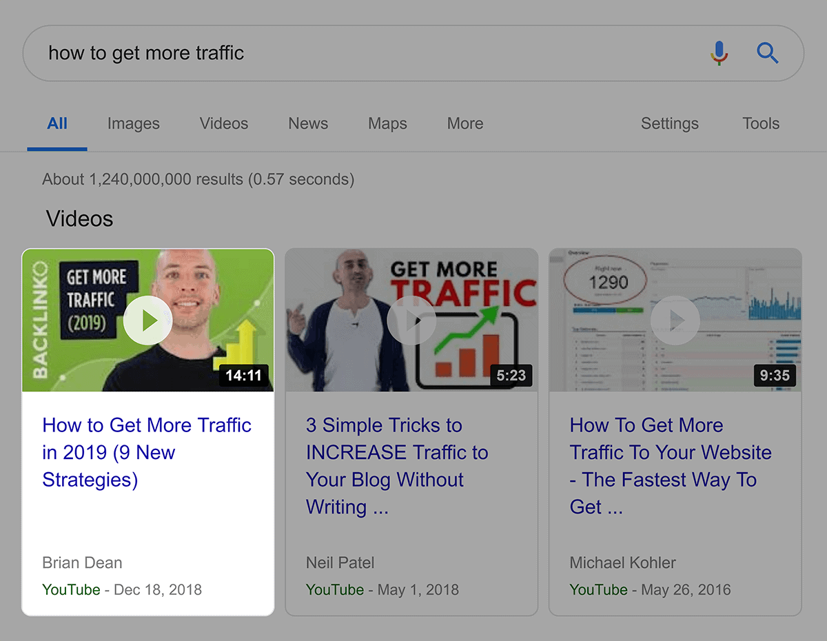 Google video results for "how to get more traffic"