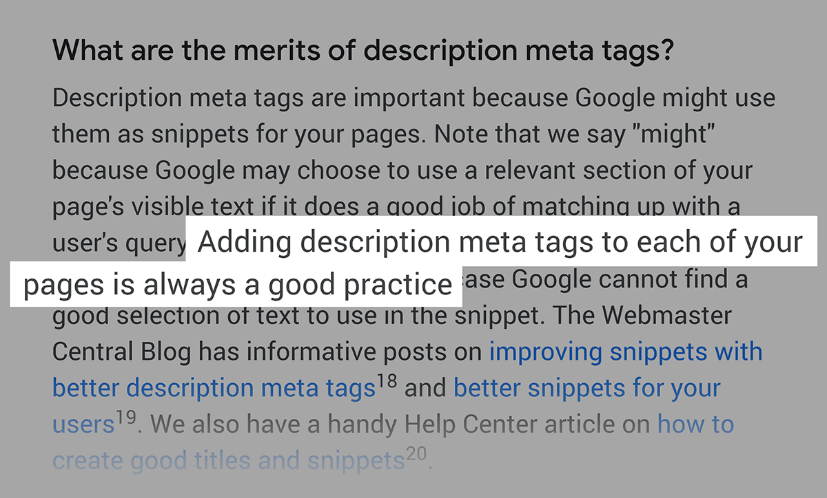 Google Webmasters on Description meta tag