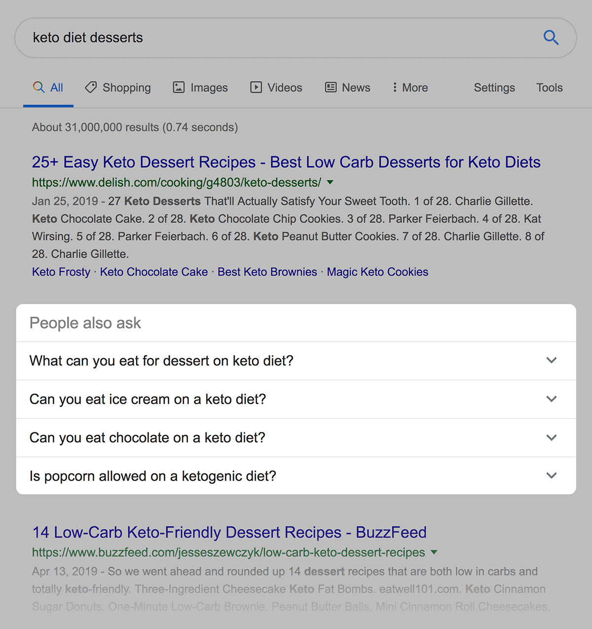 "keto diet desserts" People Also Ask Featured Snippet