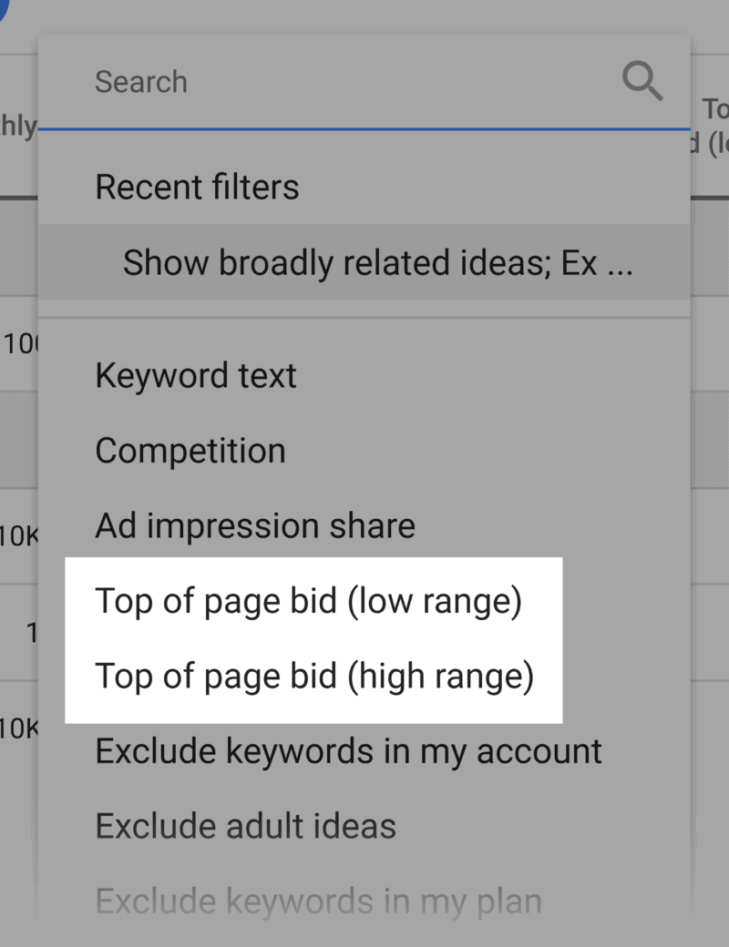 Keyword Planner – Filter – Top
