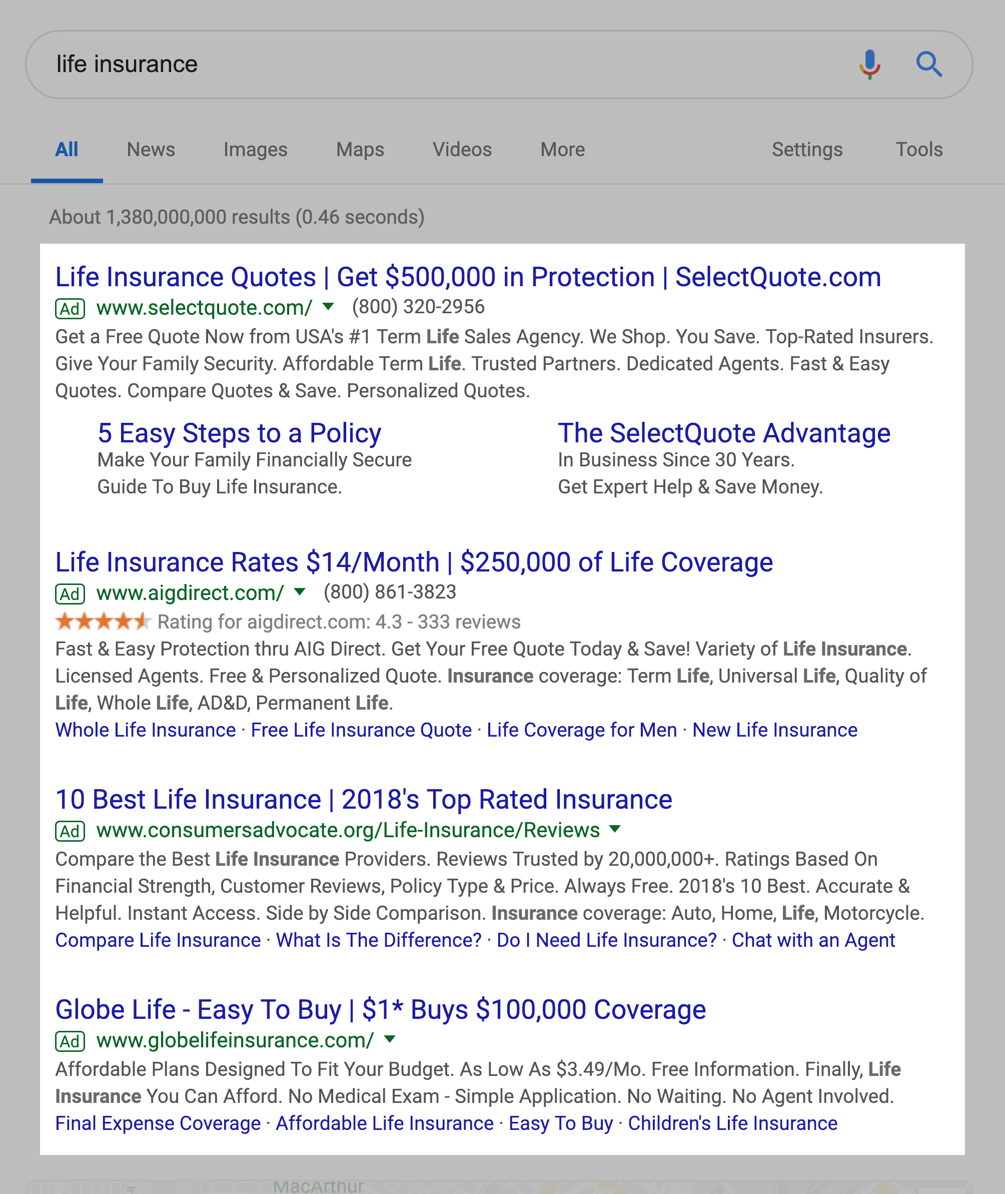 "life insurance" SERPs – Ads above the fold