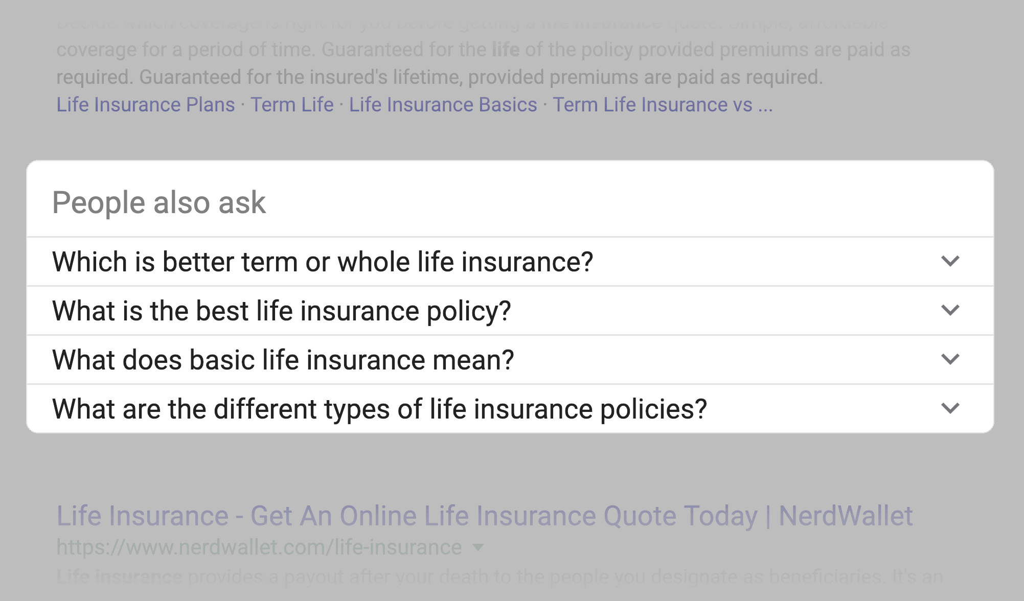 "life insurance" SERPs – "People also ask" box