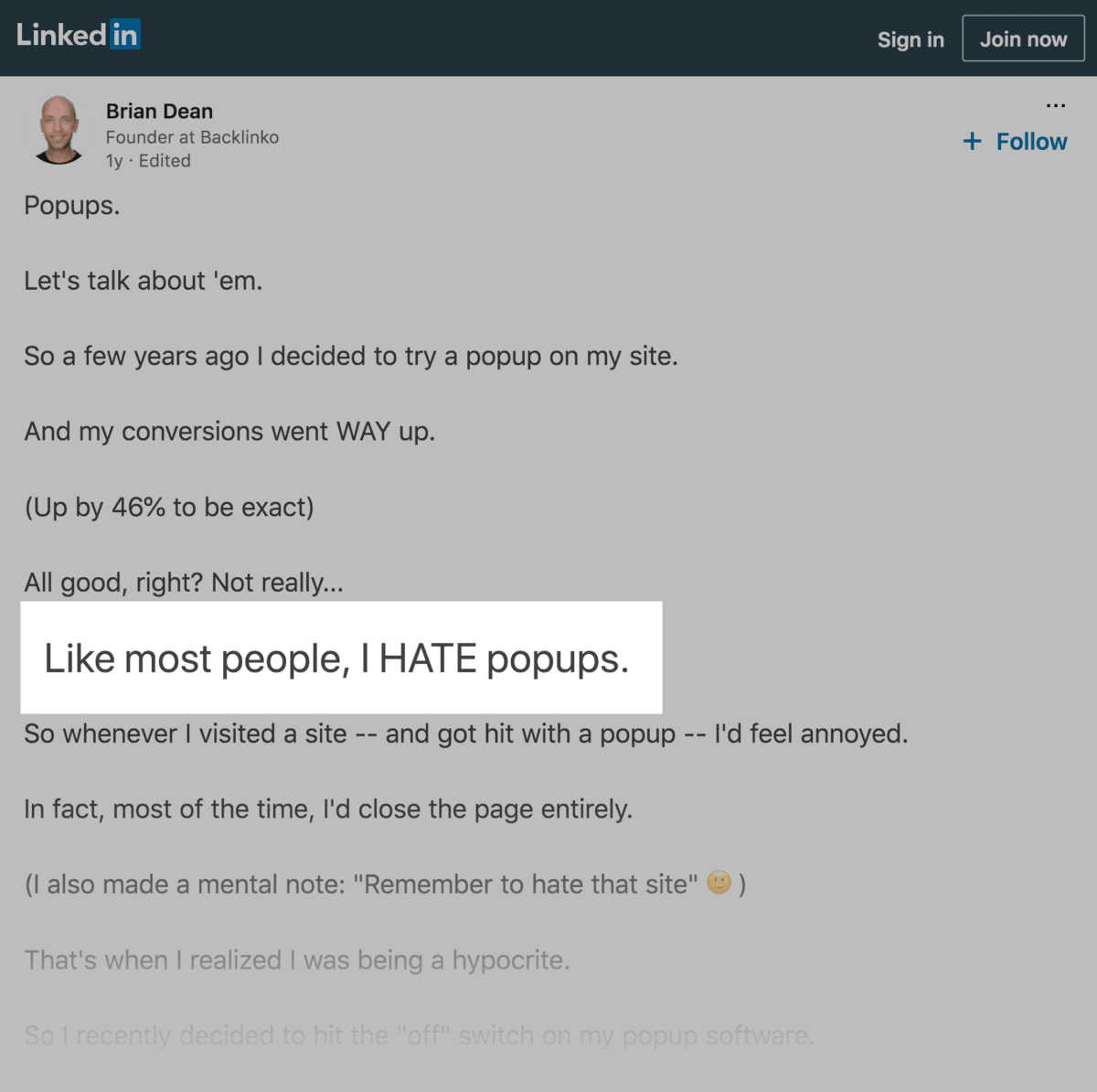 LinkedIn – Popups comment