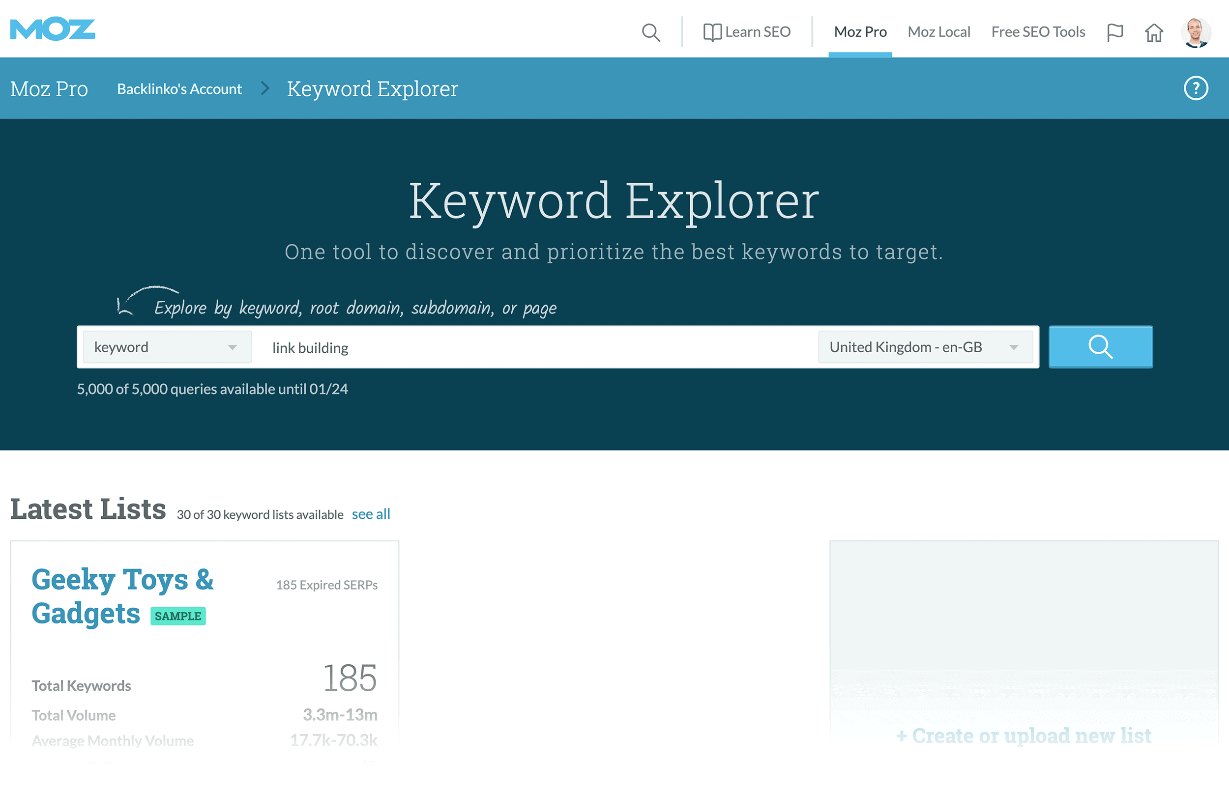 Moz Keyword Explorer – Enter keyword