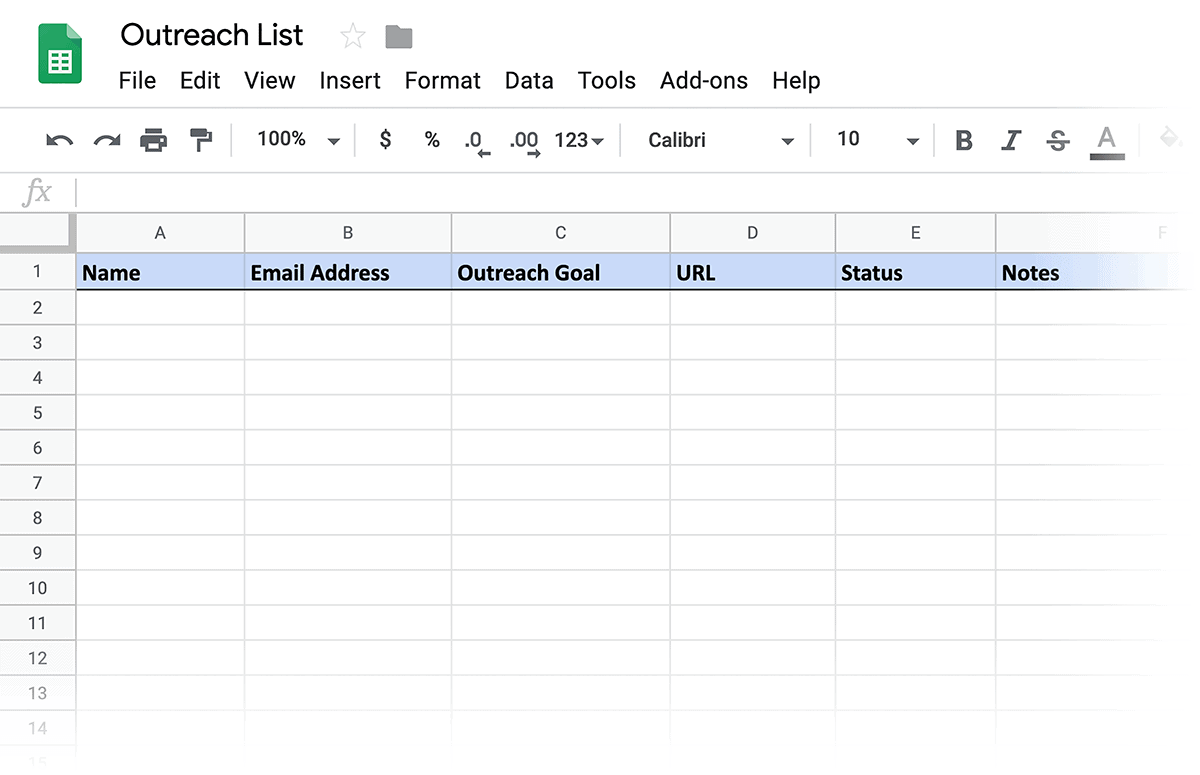 Outreach list template in Google Sheets