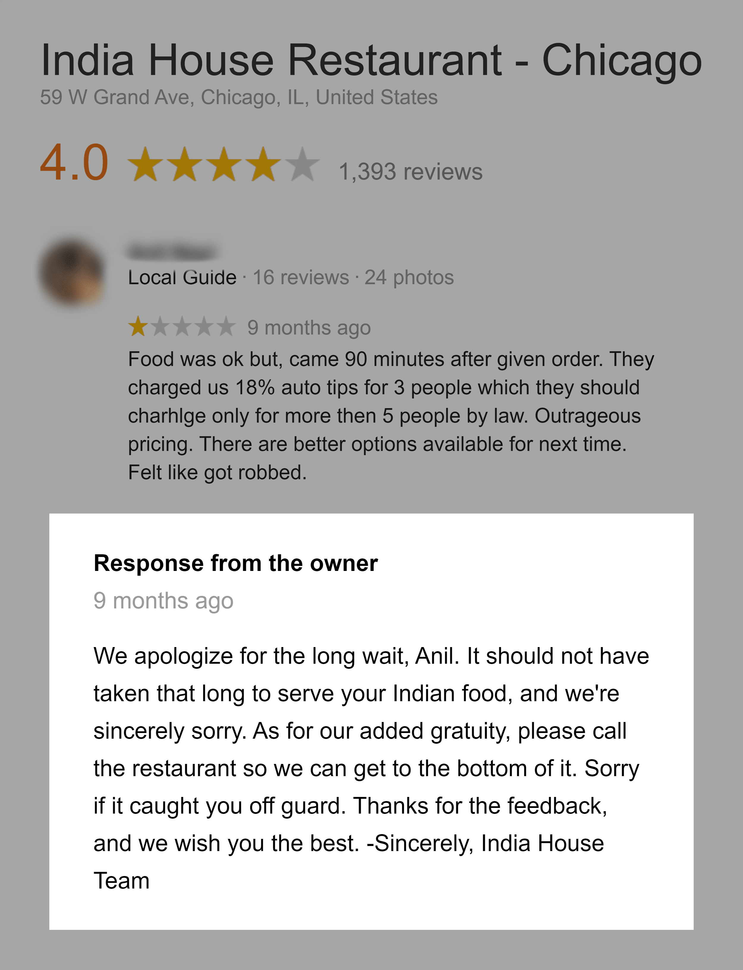 Owner reply on Google customer review