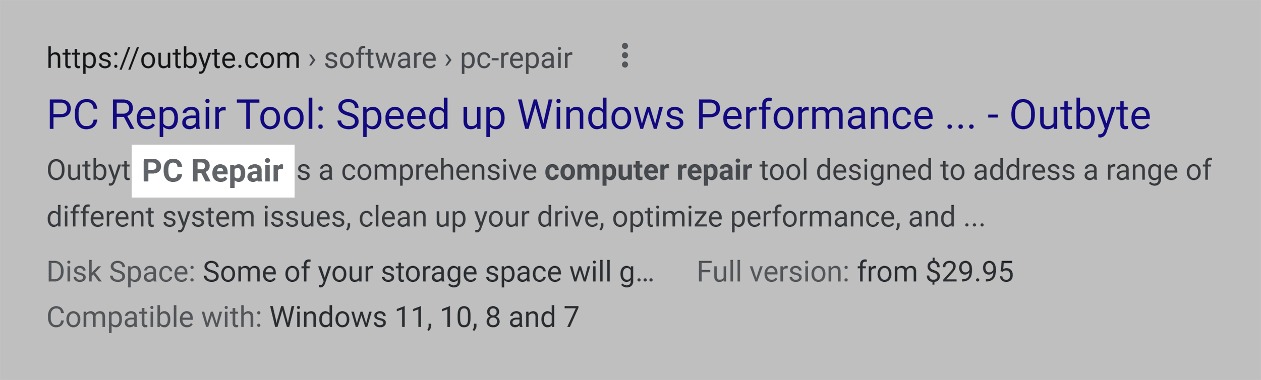 PC repair bolded in SERP