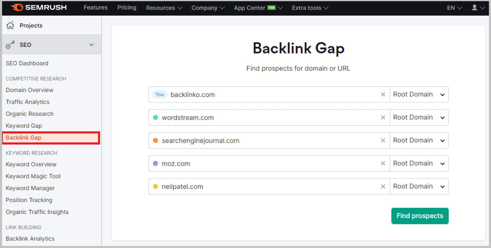 Conduct a backlink gap analysis of up to 4 competitors