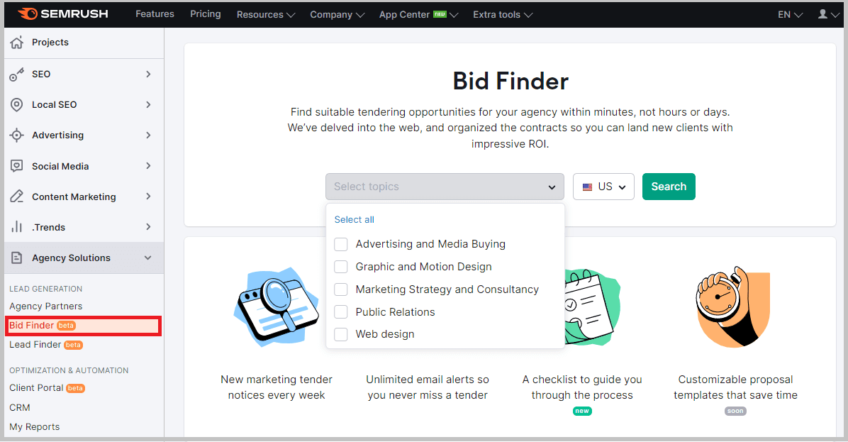 Select the job type using filters on the Bid Finder