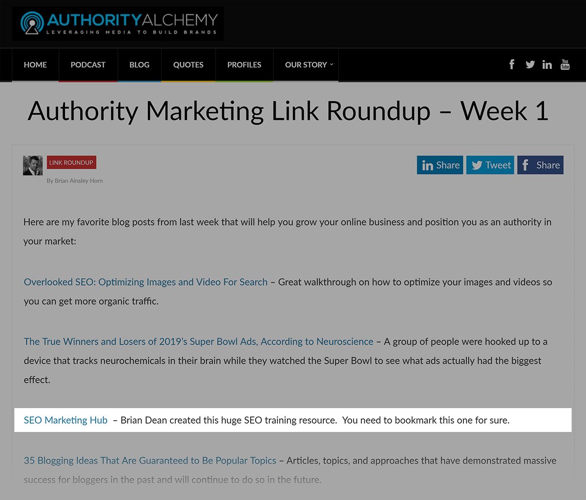 SEO Marketing Hub - Backlink from AuthorityAlchemy&#039;s link roundup