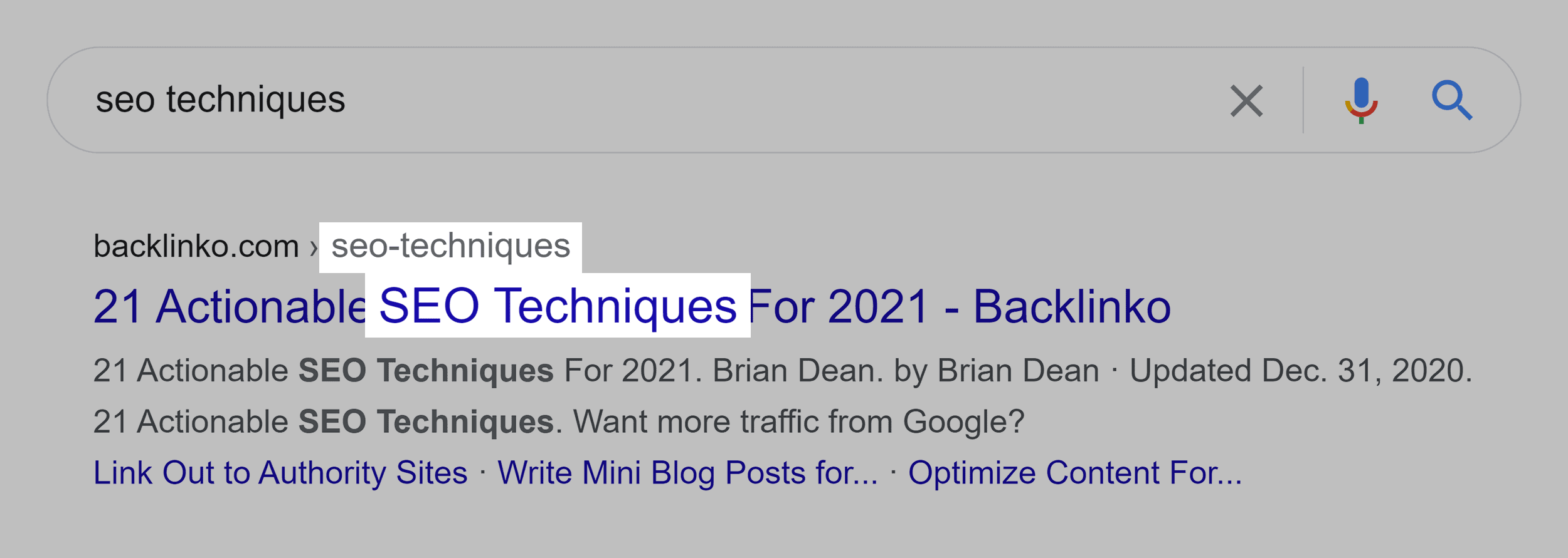 "SEO techniques" keyword in title and URL
