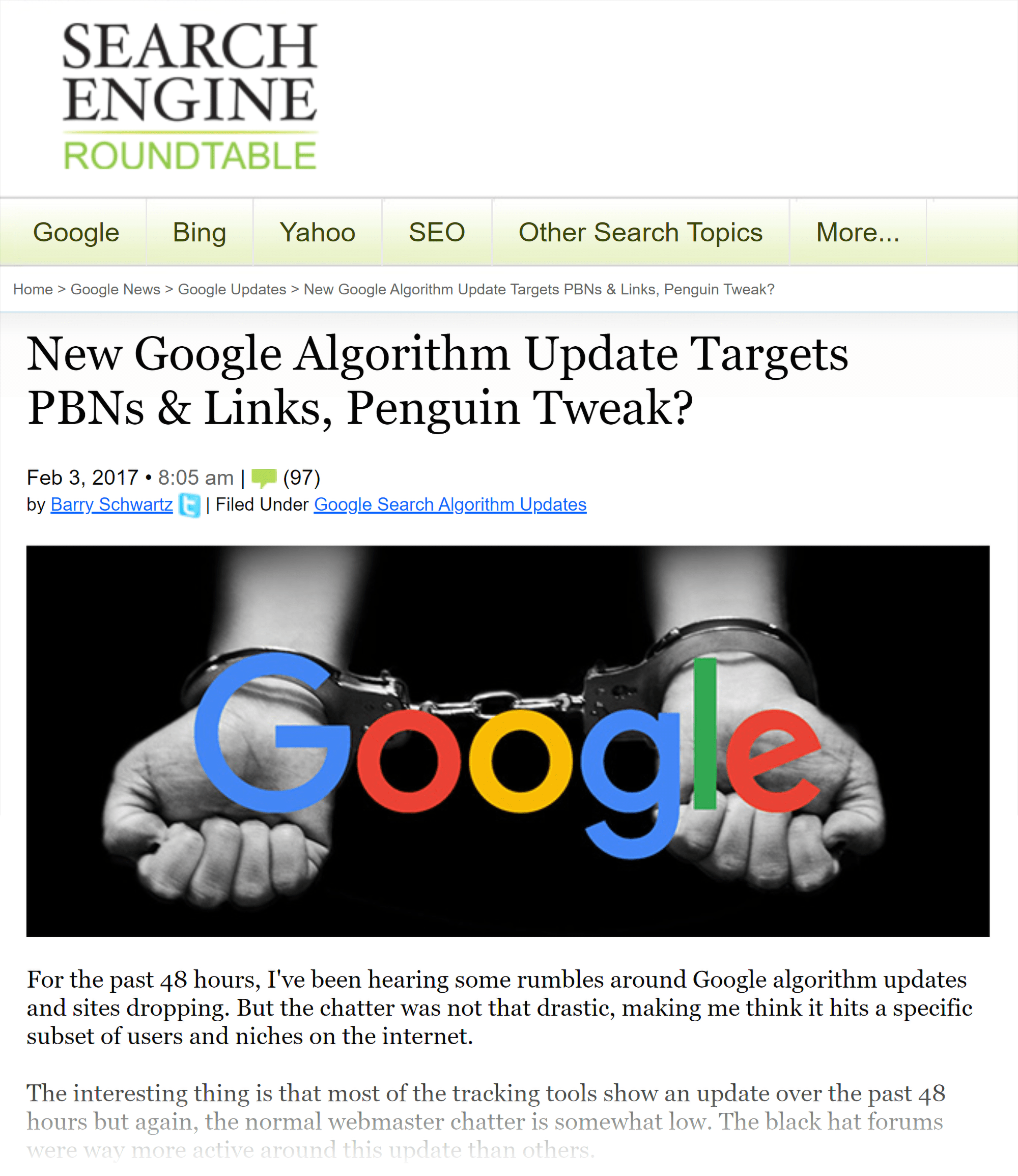 Seroundtable – Google algorithm update targets PBN
