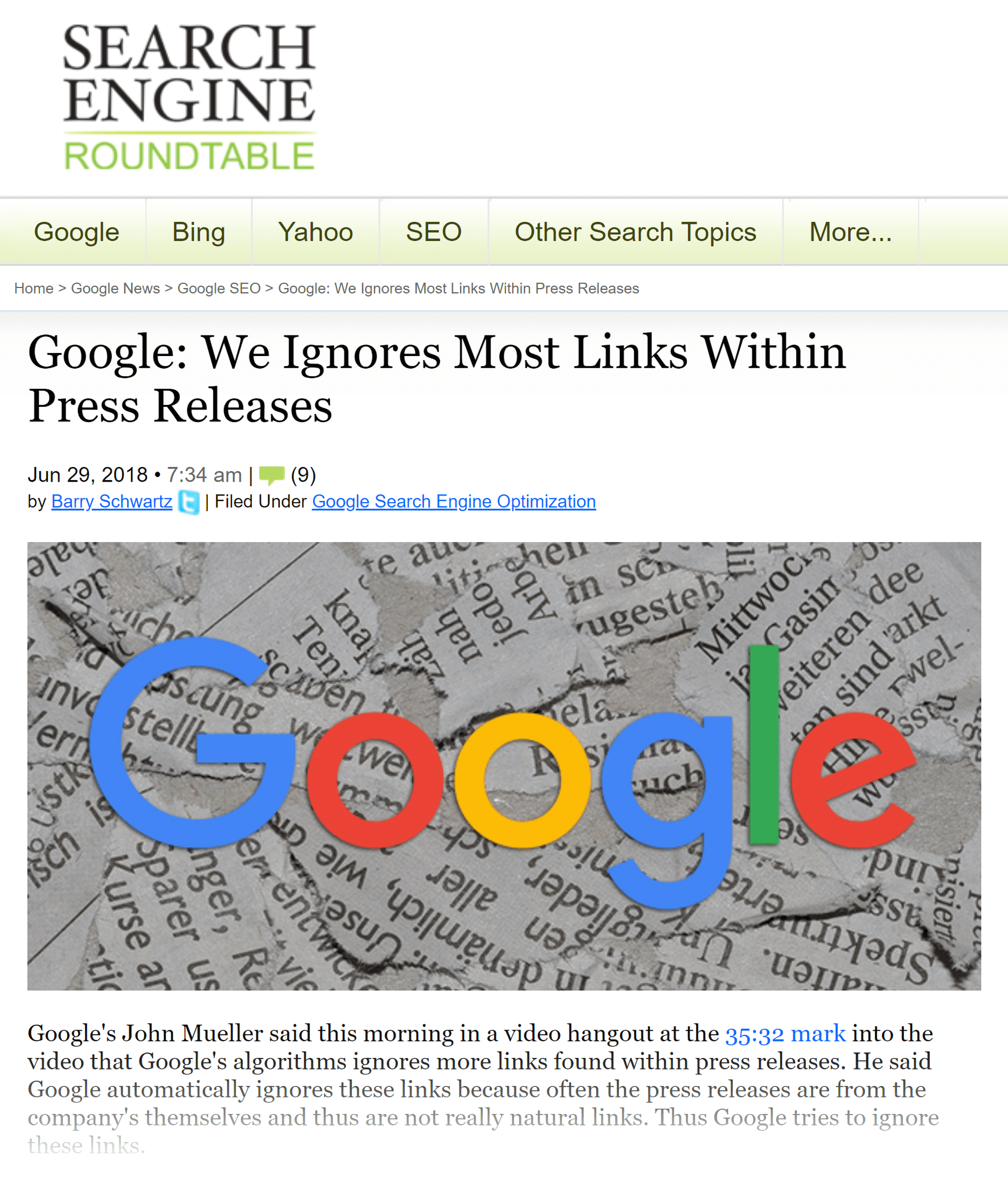 Seroundtable – Google ignores press release links