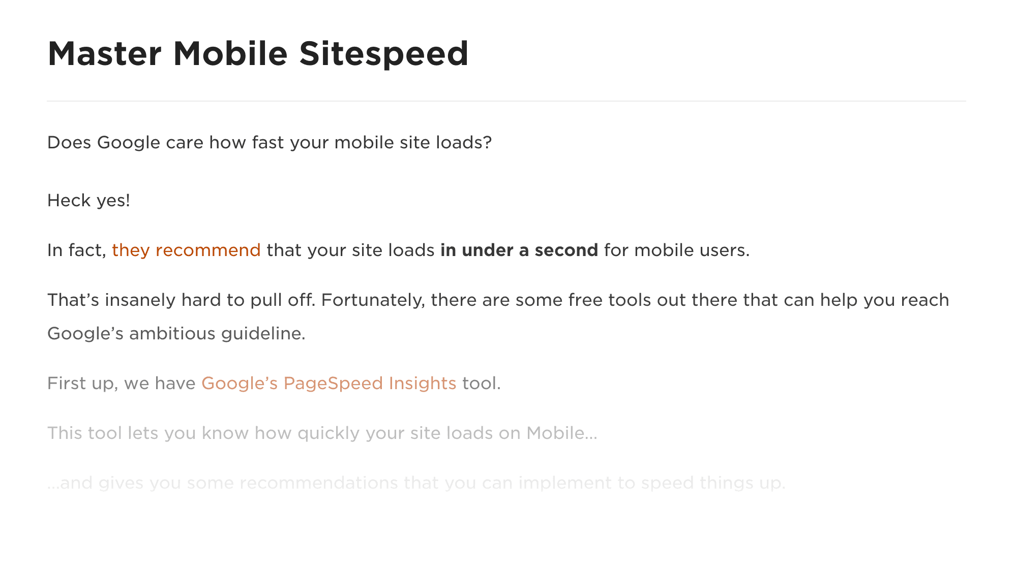 Site speed section