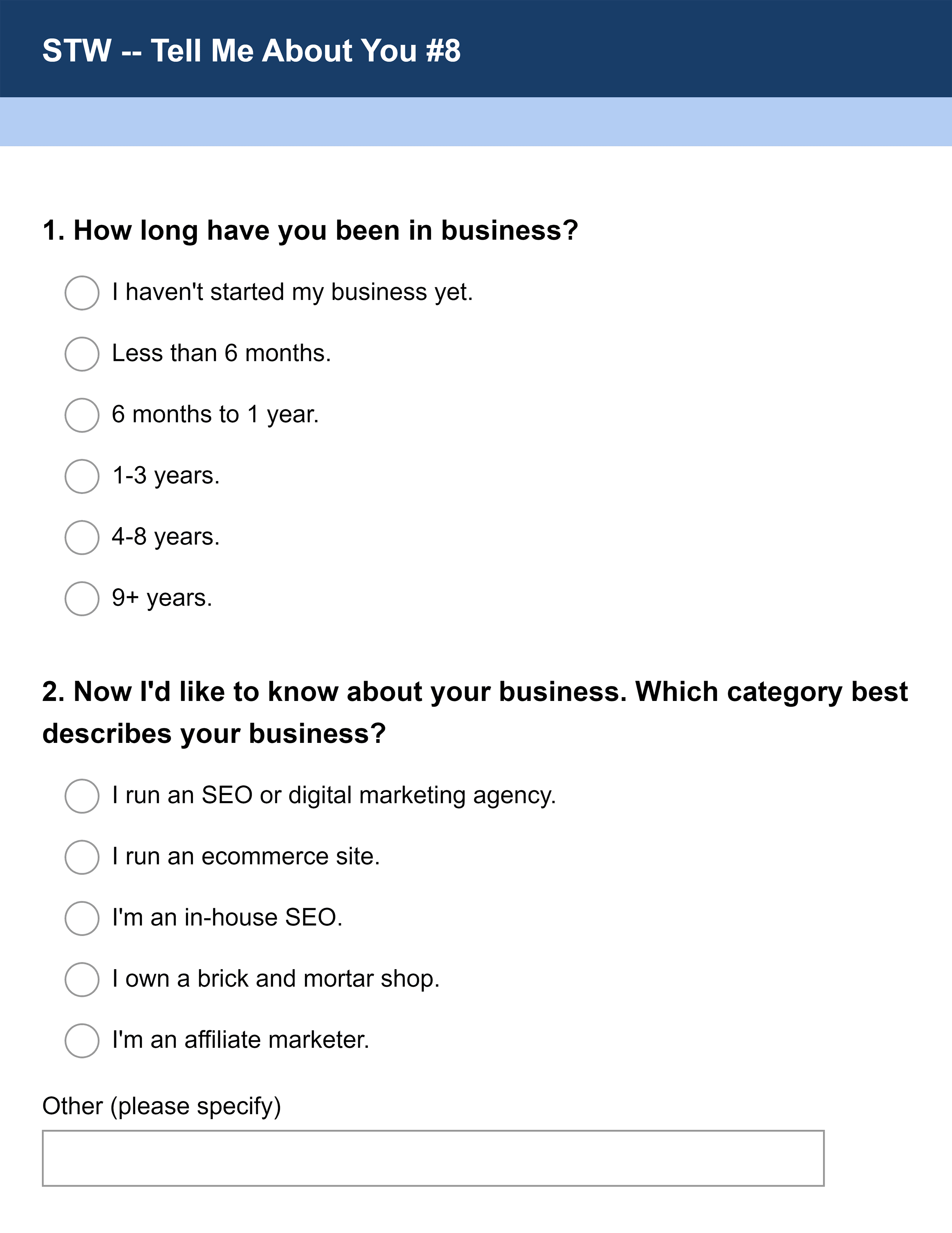 STW survey questions