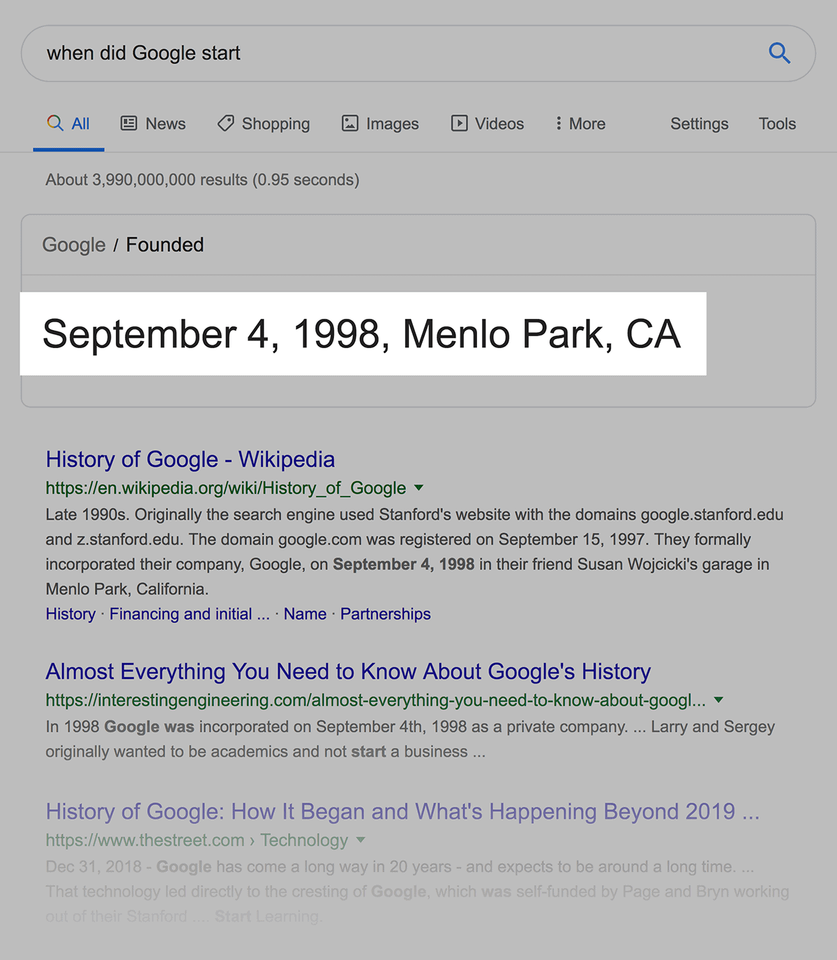 "when did Google start" SERPs