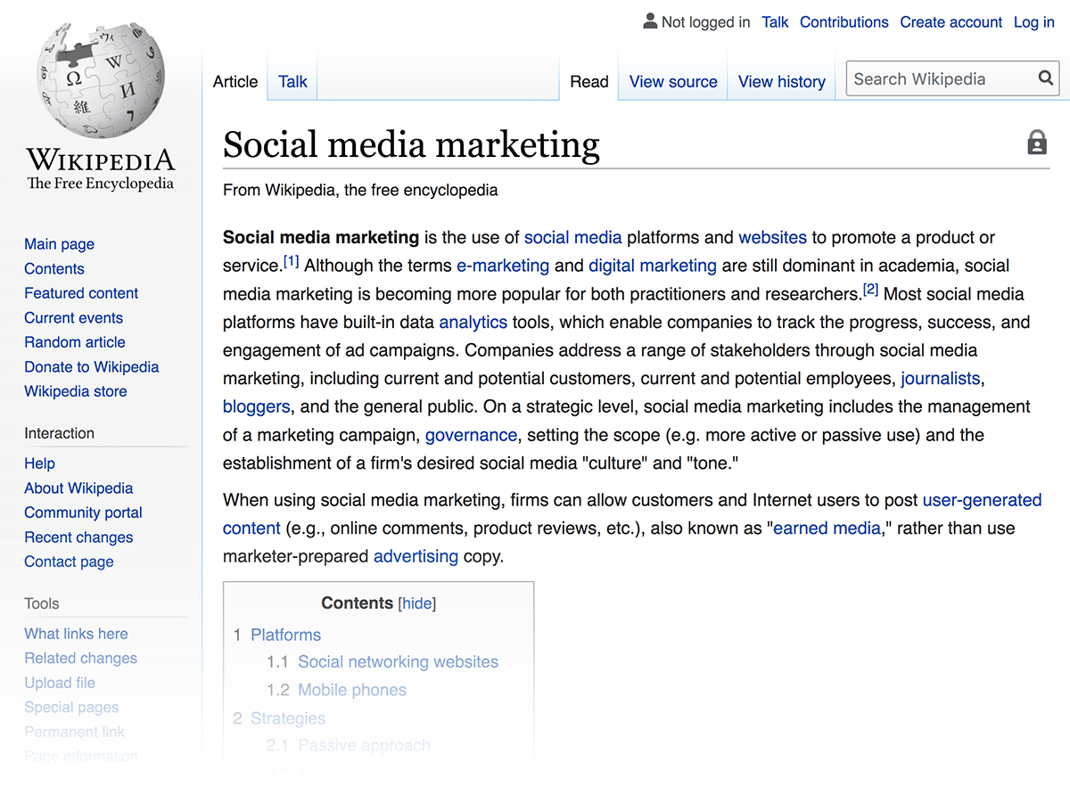 Wikipedia – Social media marketing page