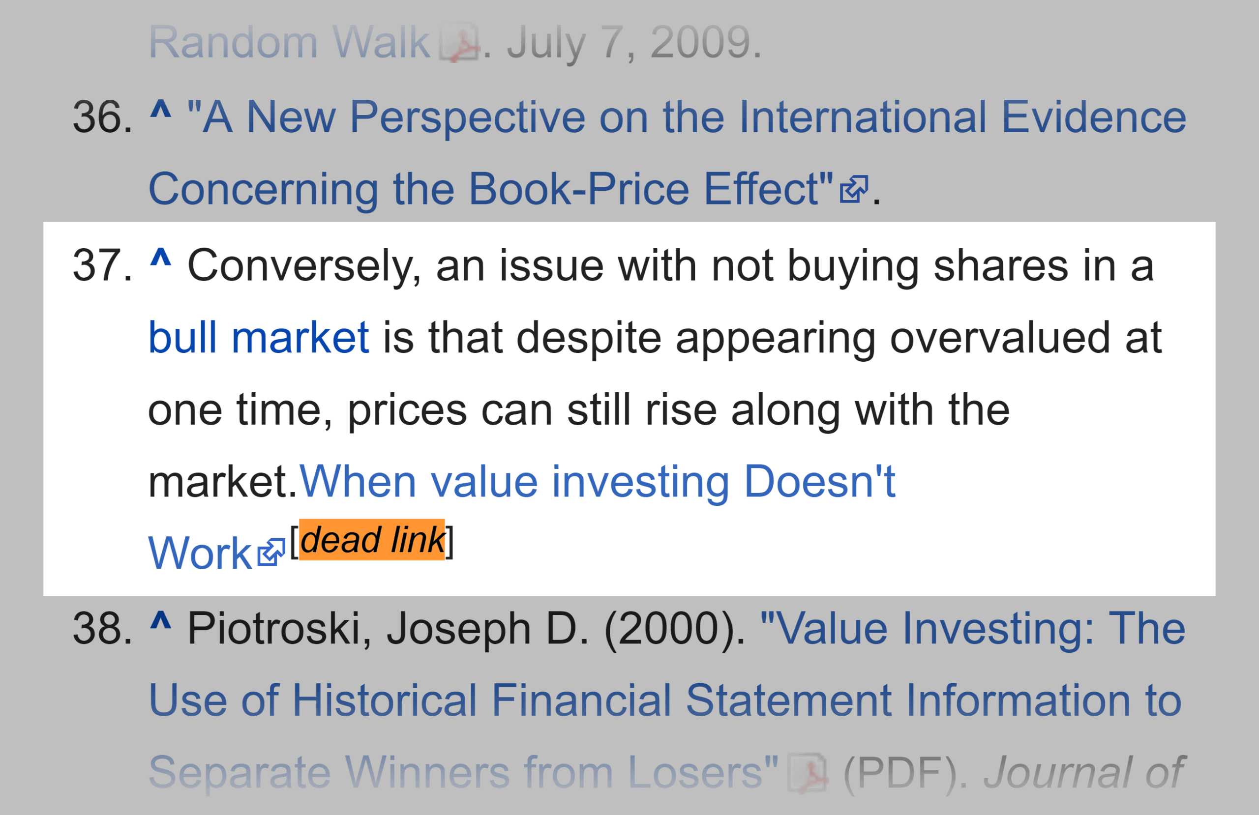 Wikipedia – Value investing – Dead link