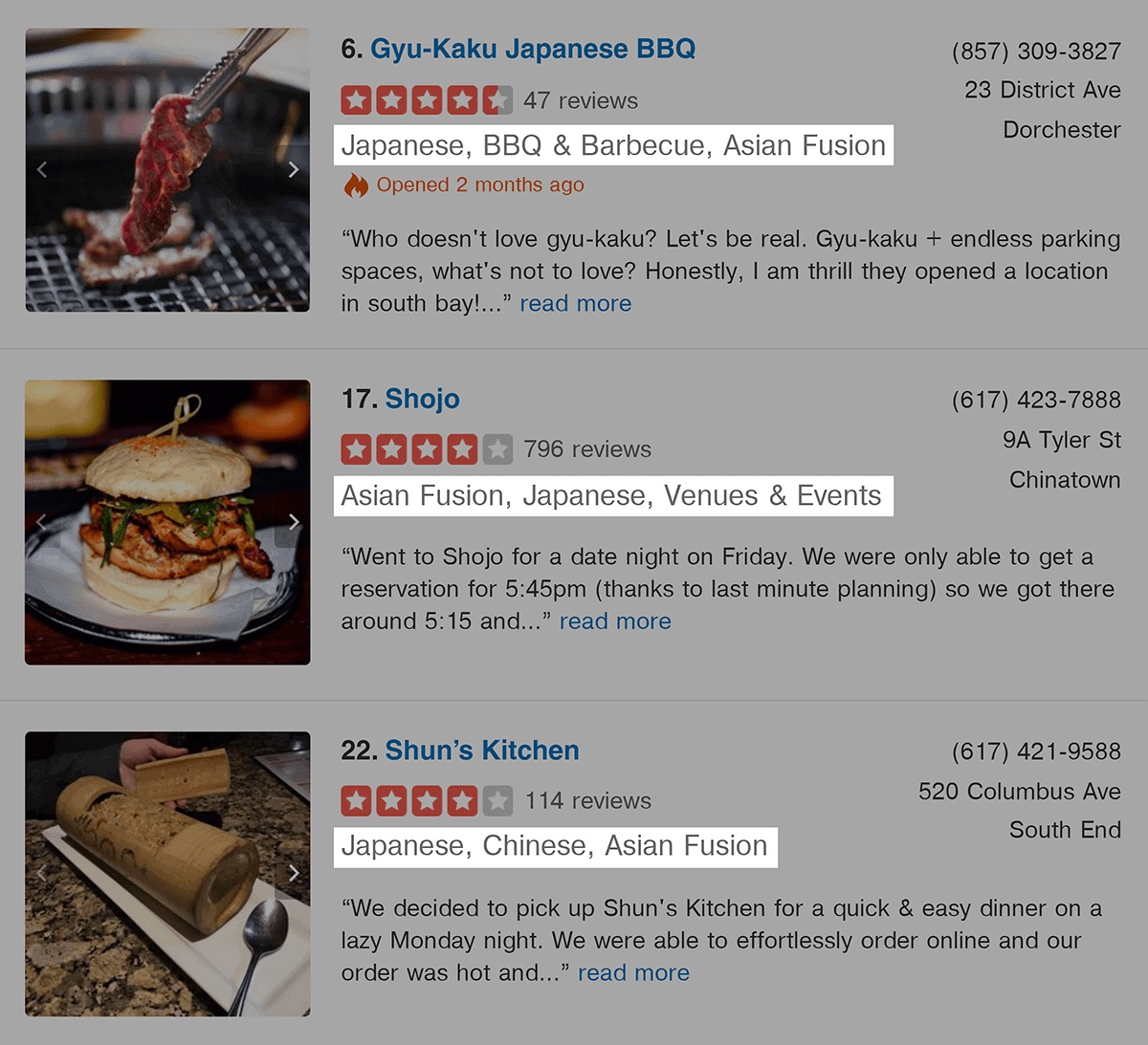 Yelp results with Asian fusion suggestion