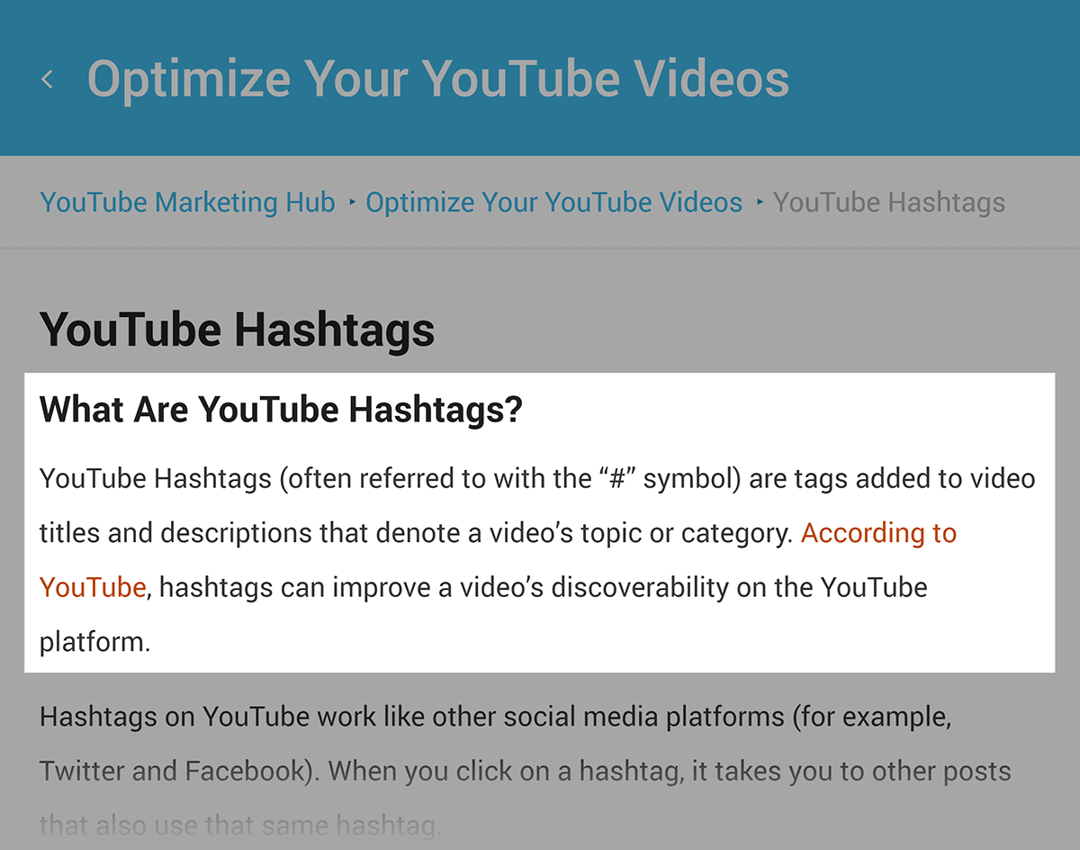 YouTube – Hashtags definition in post