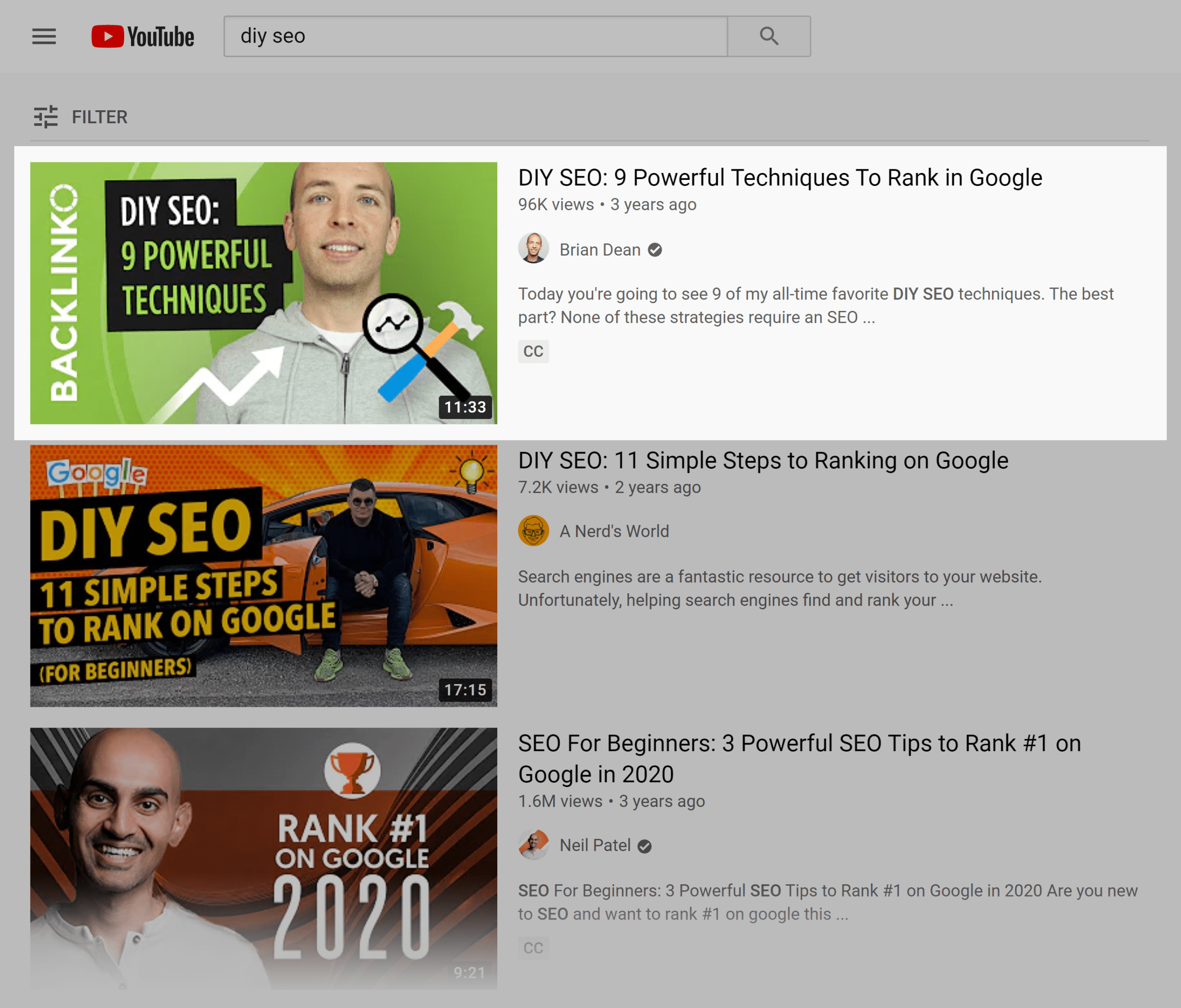 YouTube search results – DIY SEO