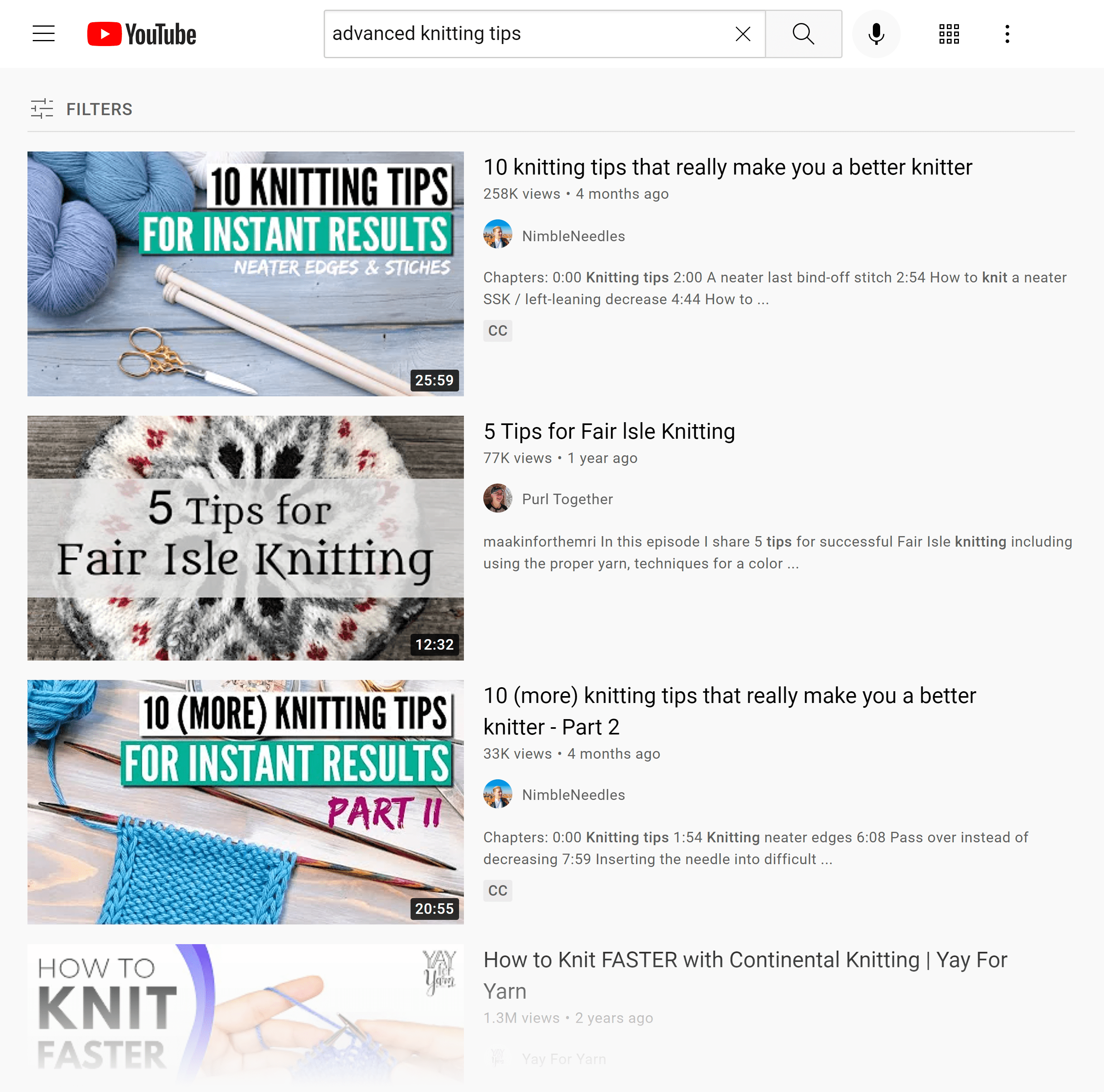YouTube SERP – Advanced knitting tips