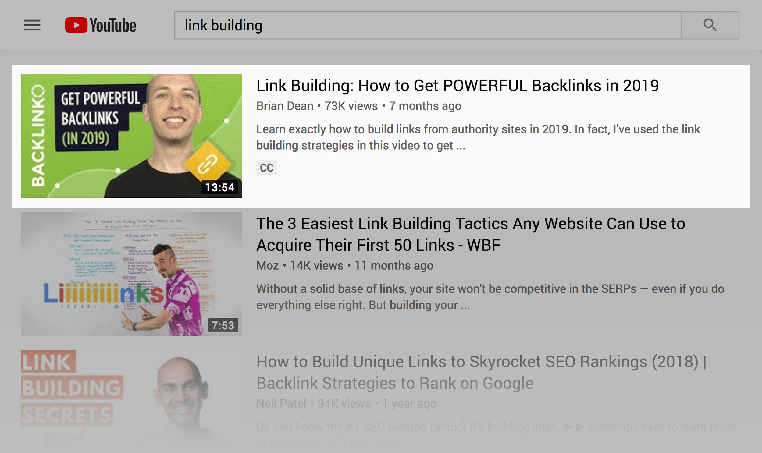 YouTube SERPs – Backlinko ranking for "link building"